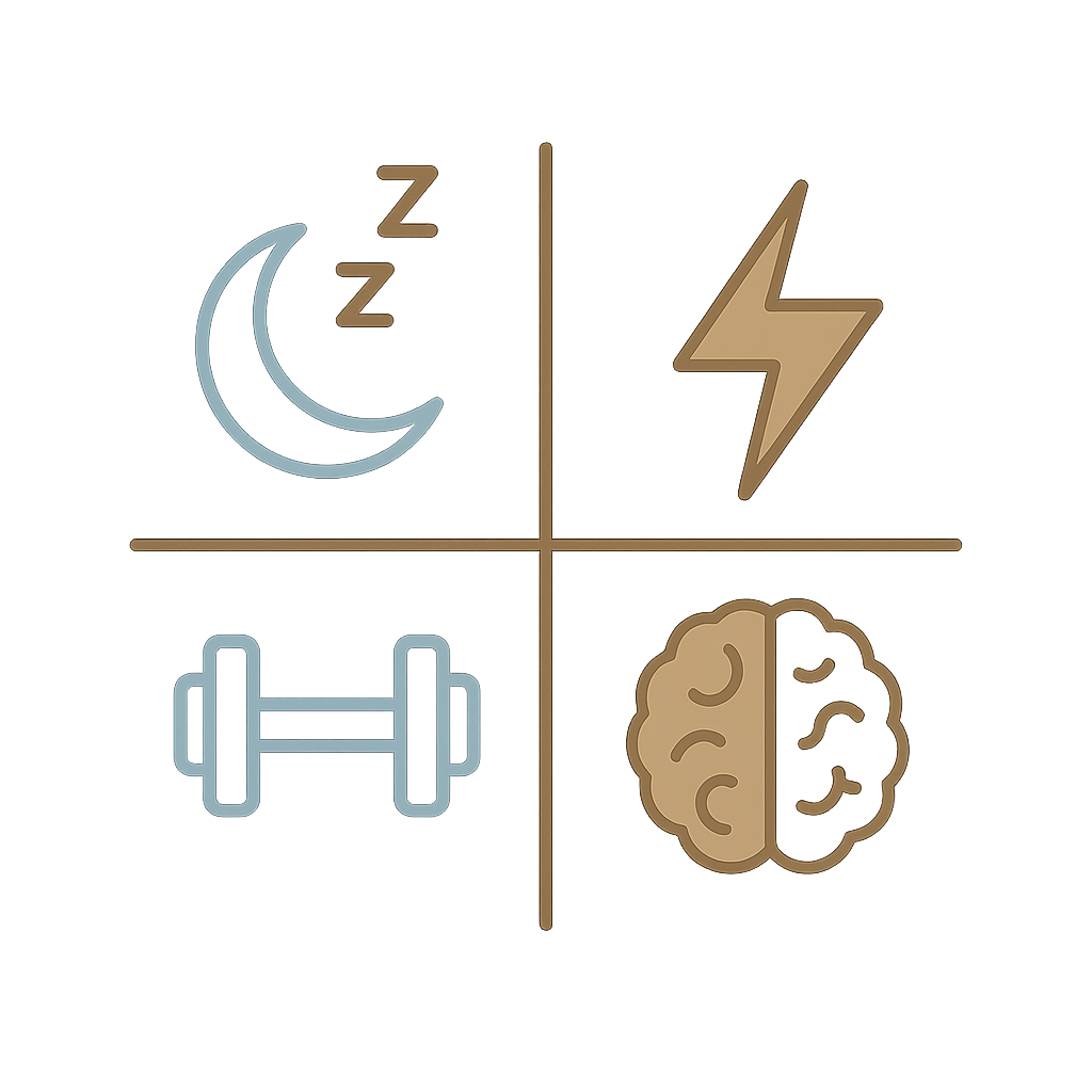 Peptide icons representing sleep, energy, fitness, and focus.