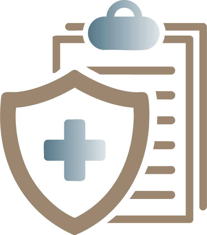 Illustration of a shield with a medical cross, a police badge, and a clipboard with a checklist.