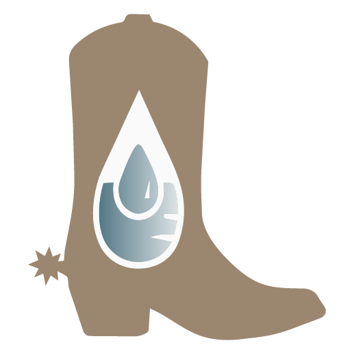 Illustration of a brown cowboy boot with a blue and white water droplet symbol on the side.
