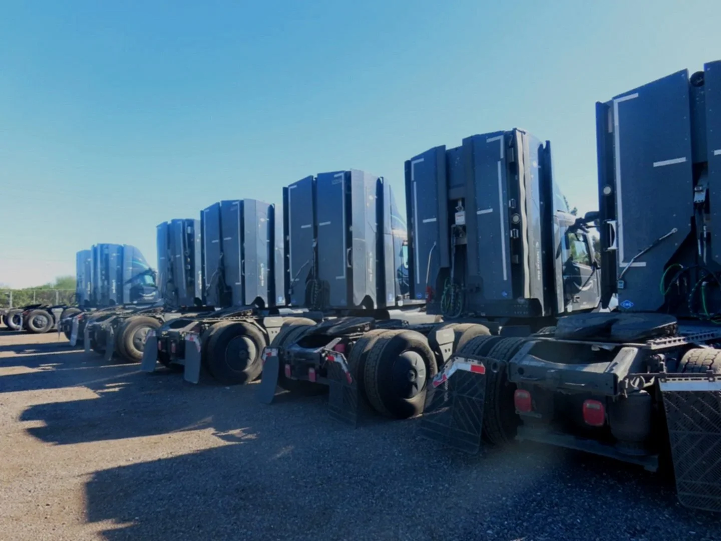 A row of black semi-truck tractor units parked on a gravel lot under a clear blue sky.