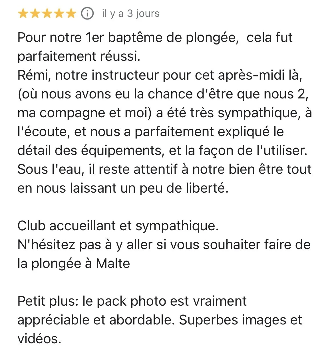 Avis positif en français sur un club de plongée à Malte, mentionnant la réussite de la première plongée, la compétence de l'instructeur Rémi, et encourageant à faire de la plongée à Malte.