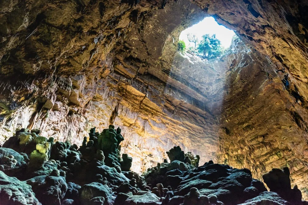 Grotte avec plafond ouvert laissant entrer la lumière et des arbres, sol rocheux.