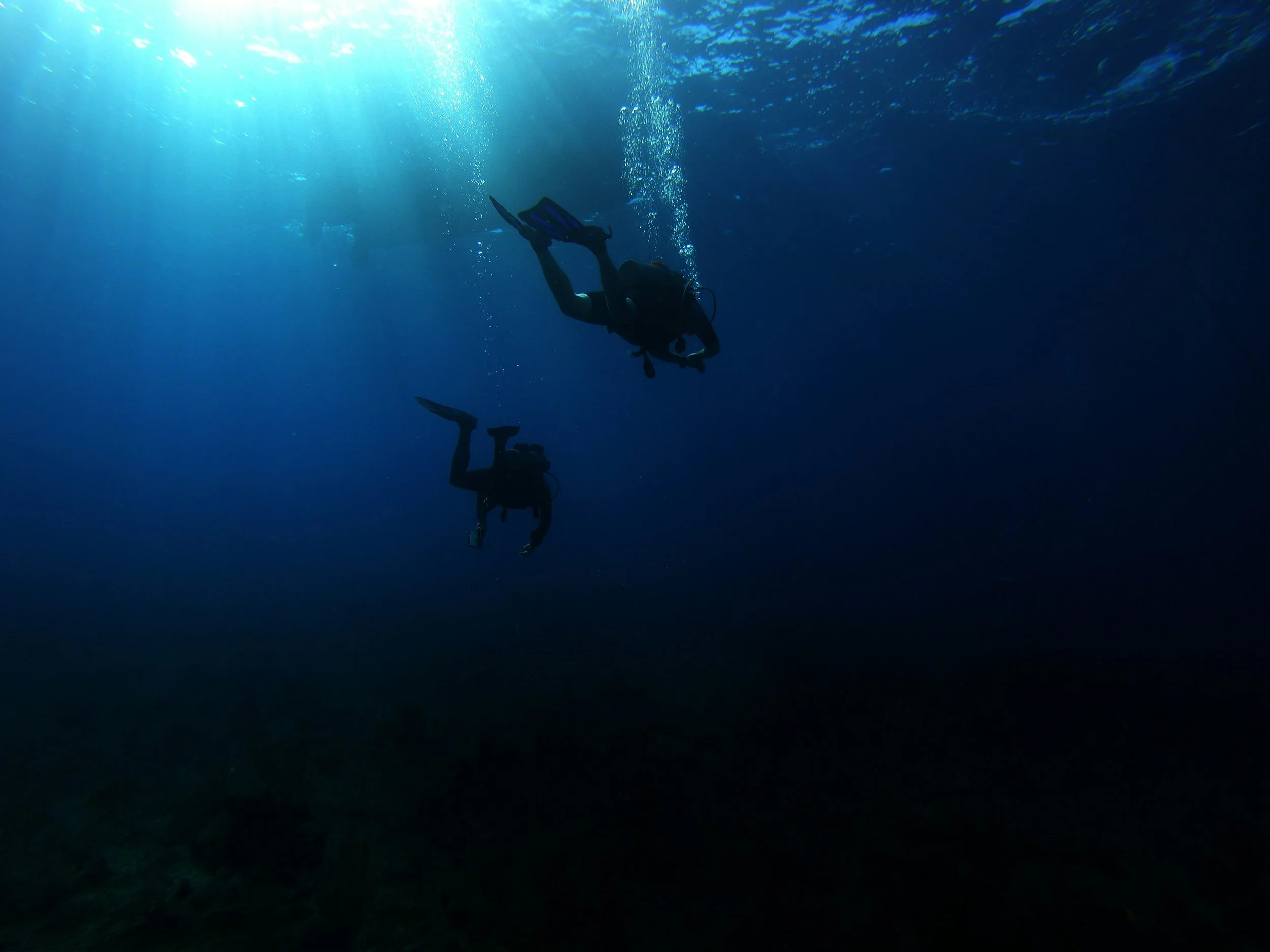 Deux plongeurs explorant sous l'eau, entourés d'eau bleue sombre et de lumière filtrant du dessus.