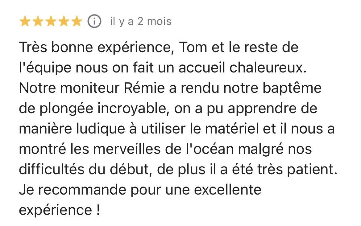 Une capture d'écran d'une critique positive d'une expérience de plongée ou de marine.