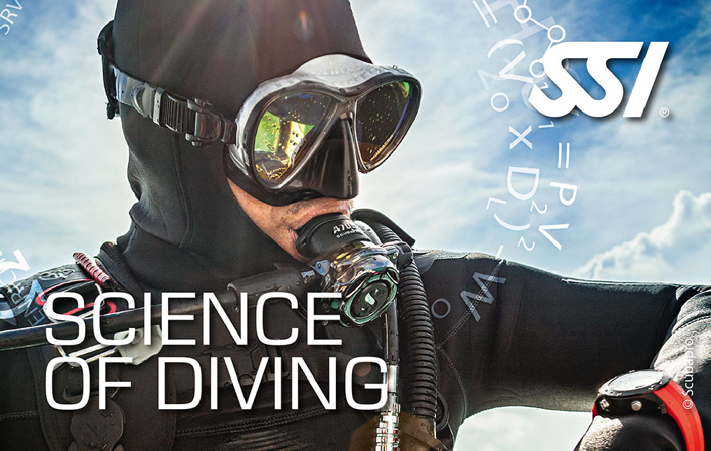 Plongueur en équipement de plongée avec masque et un ordinateur de plongée au poignet, fond de ciel avec nuages. Formation SSI "Science of diving"