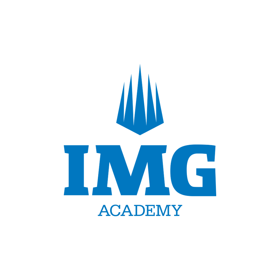 Logo for IMG Academy featuring a blue stylized pyramid and the text 'IMG ACADEMY' in blue.
