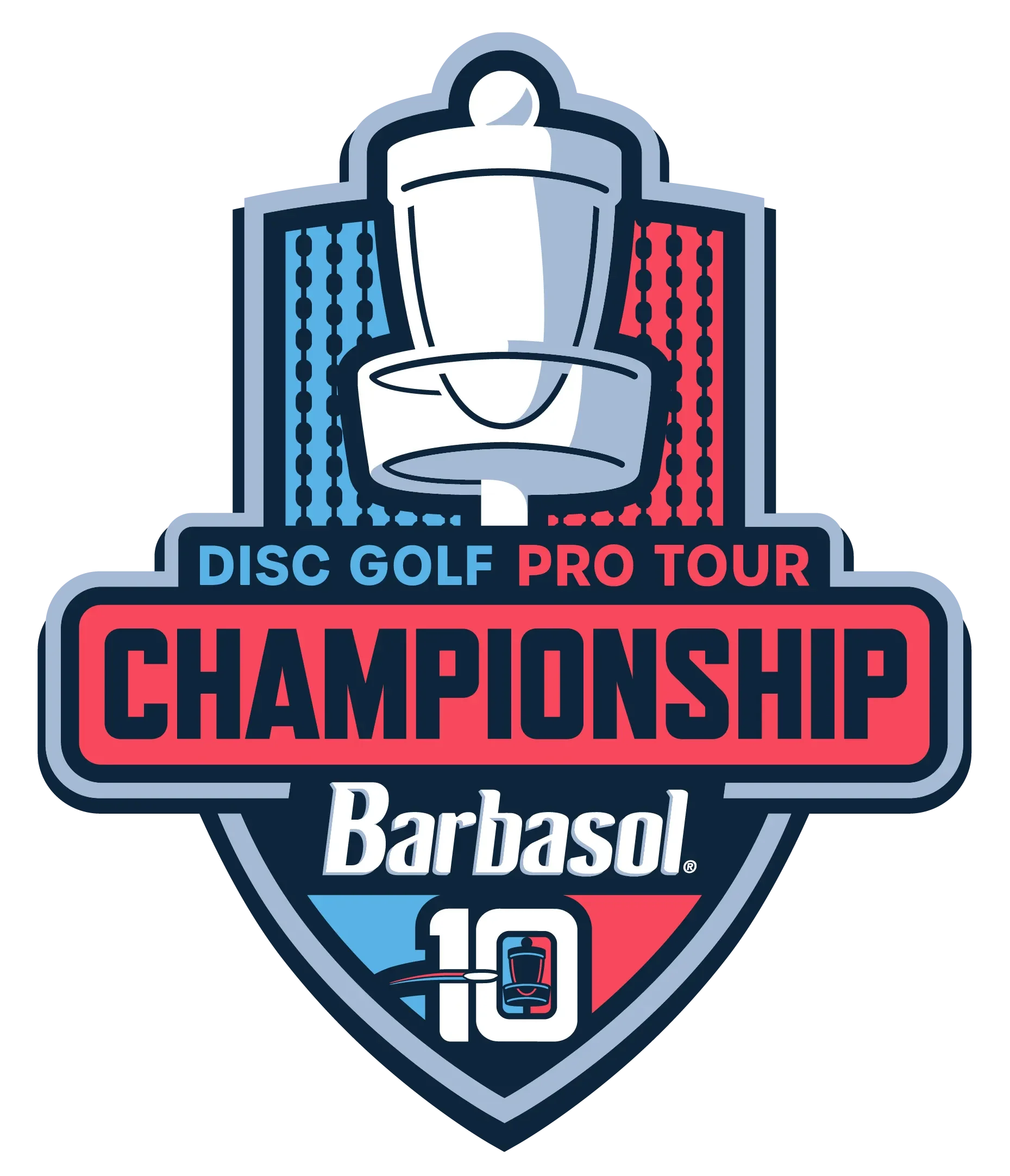 A logo for a disc golf pro tour championship featuring a stylized trophy with chain links and a disc golf basket, with the words 'Disc Golf Pro Tour Championship' and 'Barbasol'.