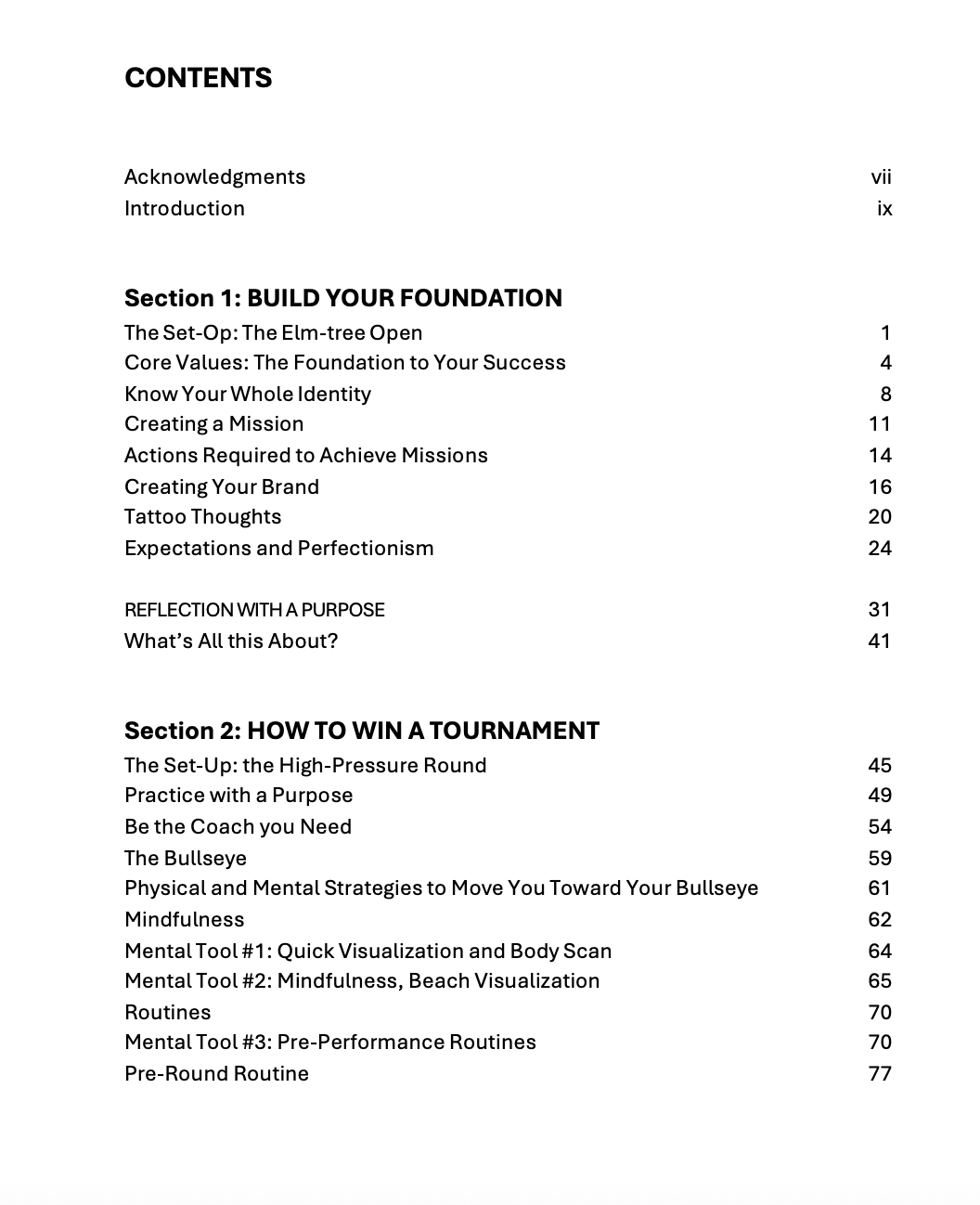 Disc Golf Mindset workbook table of contents showing mental performance topics for disc golfers