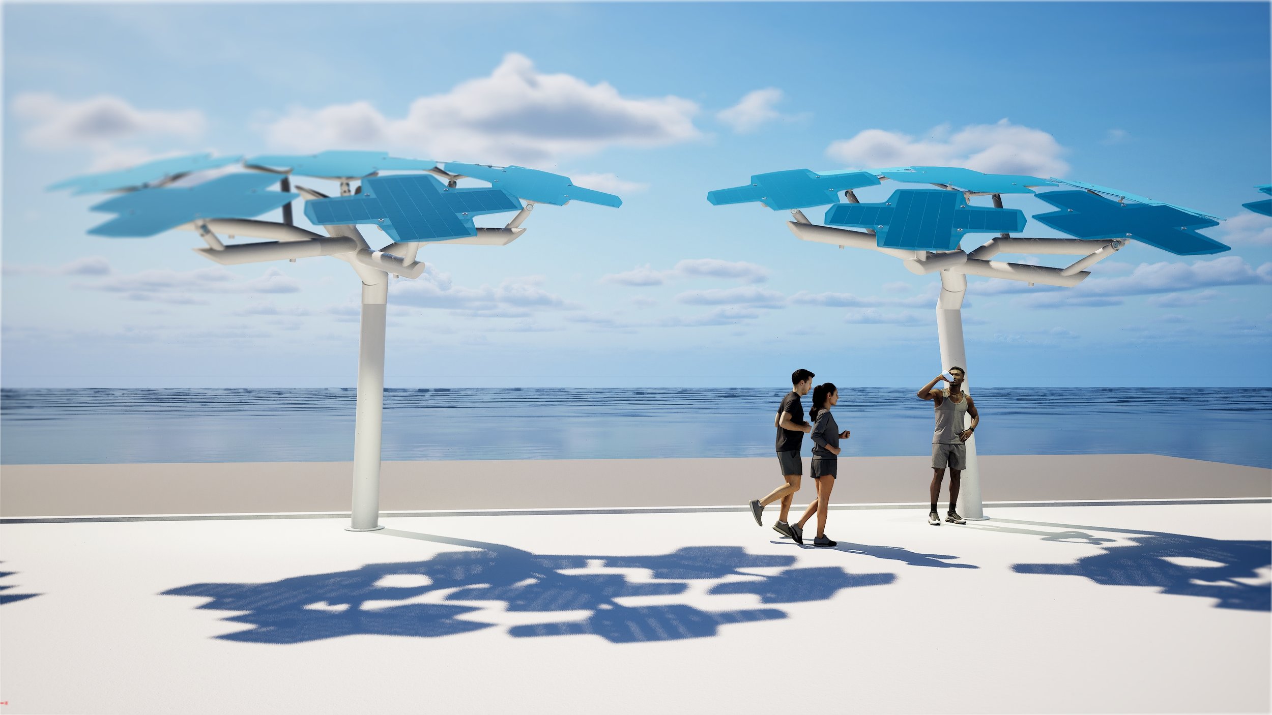People walking along a beachfront promenade with solar-powered umbrellas that have integrated solar panels, casting shadows on the ground with an ocean and cloudy sky in the background.