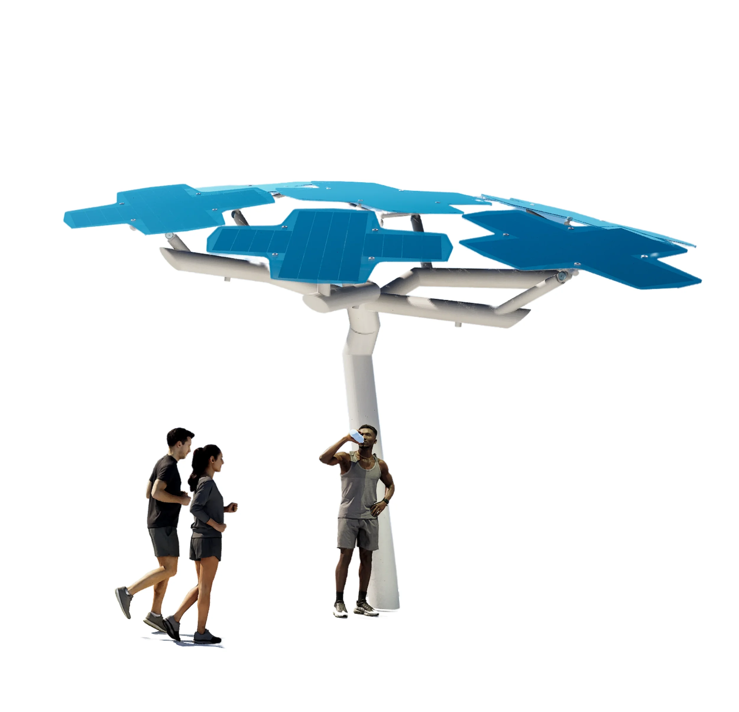 A group of three people running and drinking water next to a modern solar panel installation on a pole.