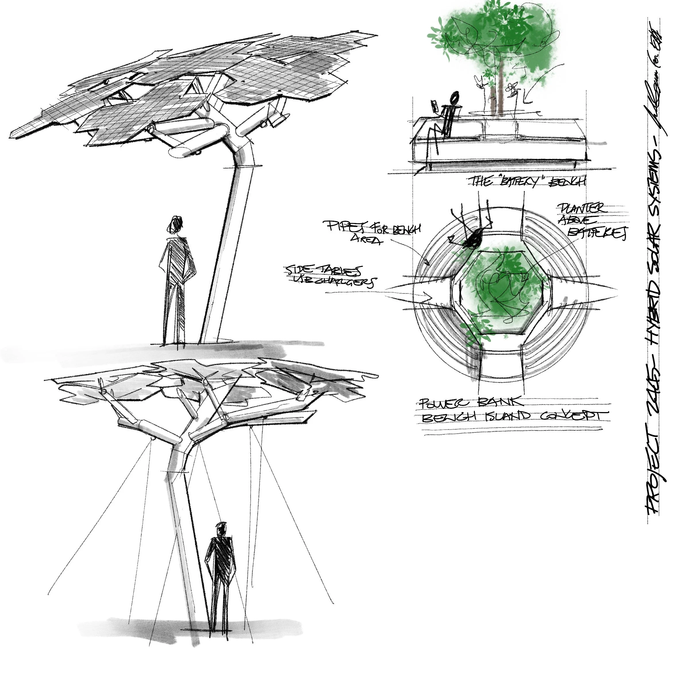 Espen Oeino International's sketches of a solar-powered bench and tree-based shelter with diagrams of their design and placement.