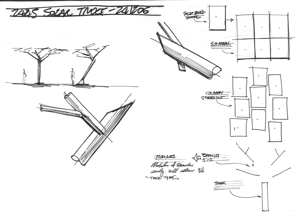 Espen Øino's sketches of tree structures and modular panels for a project, with labels and notes on materials and assembly instructions