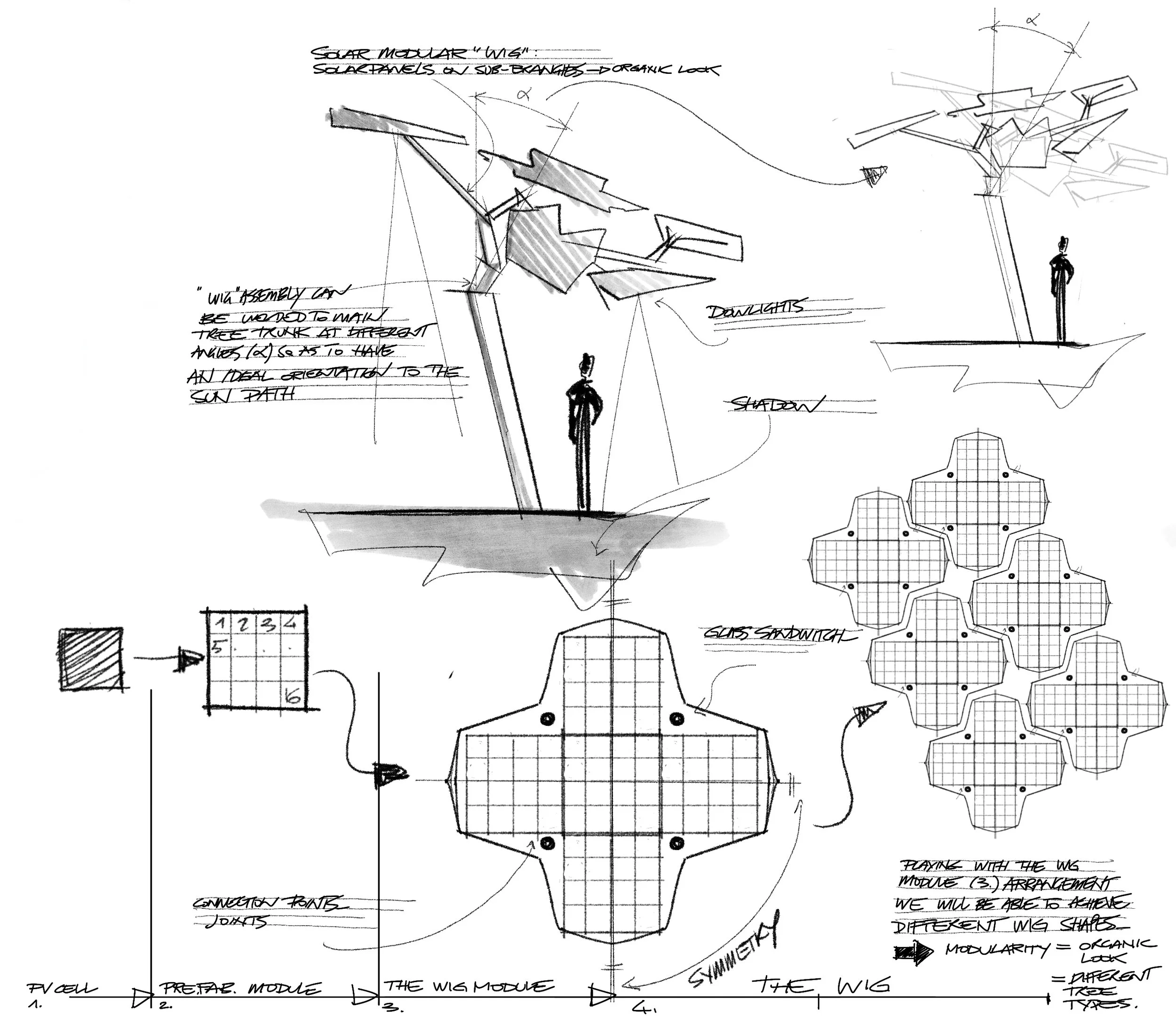 Espen Øino's sketches of a solar panel tree design with diagrams, notes, and a person for scale, showing structure, shadows, and modular components.