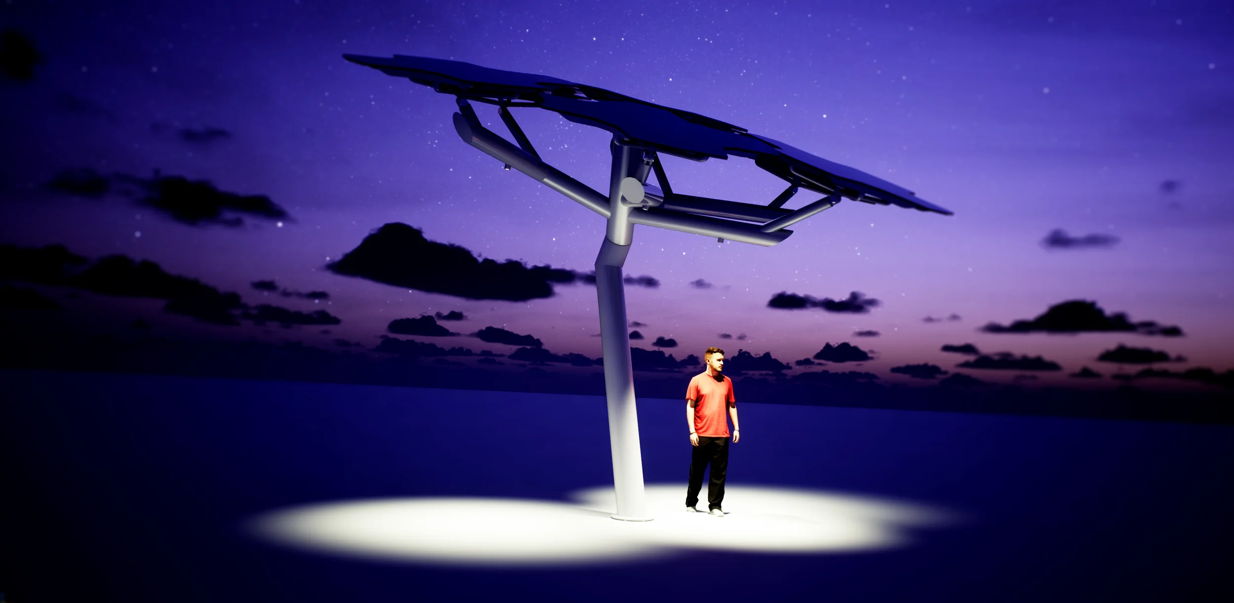 A person underneath the Marine Solar Tree. The system includes different light options, creating safety in the night