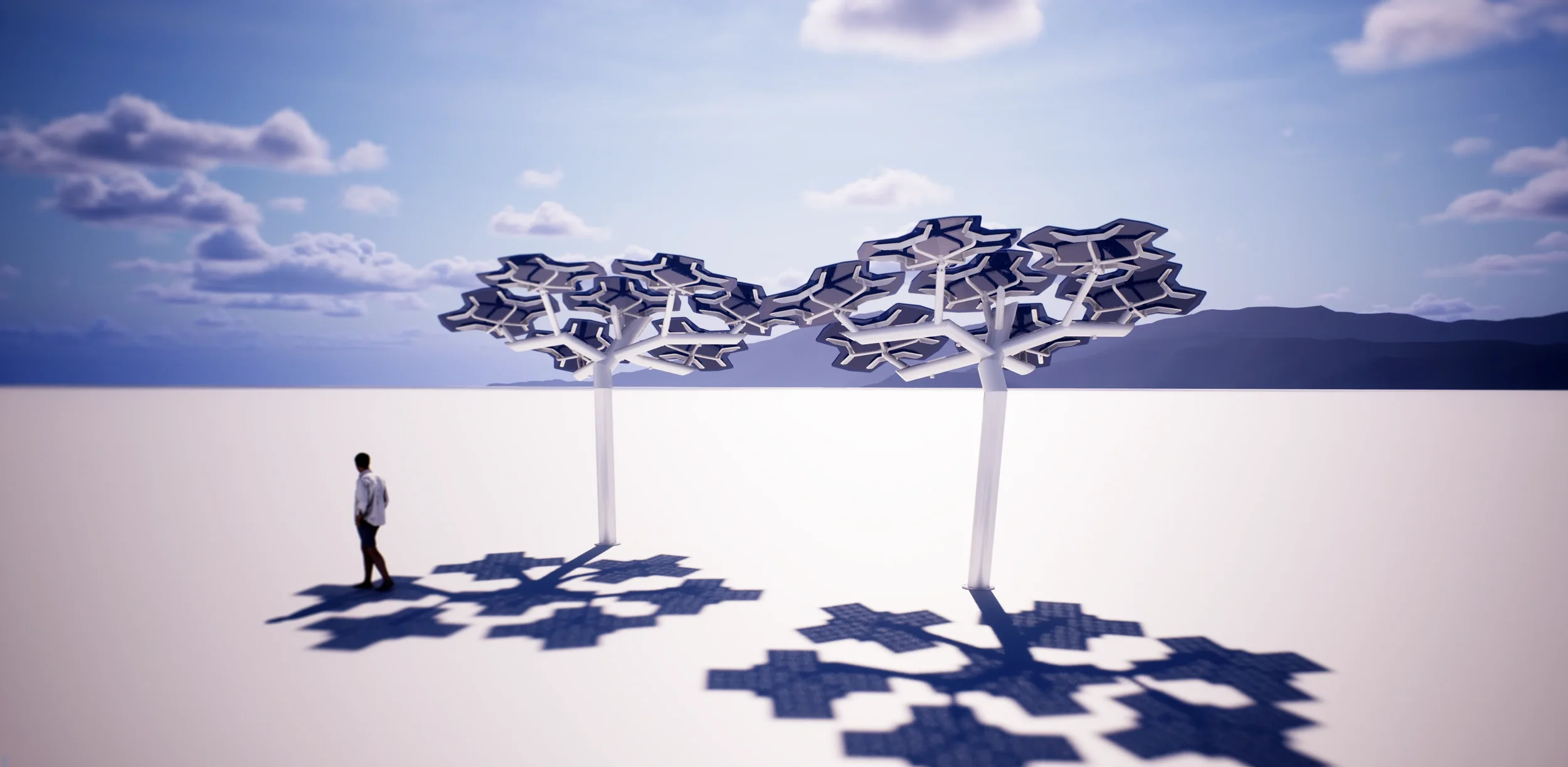 Person walking past futuristic trees with hexagonal, geometric canopies in a maritime landscape