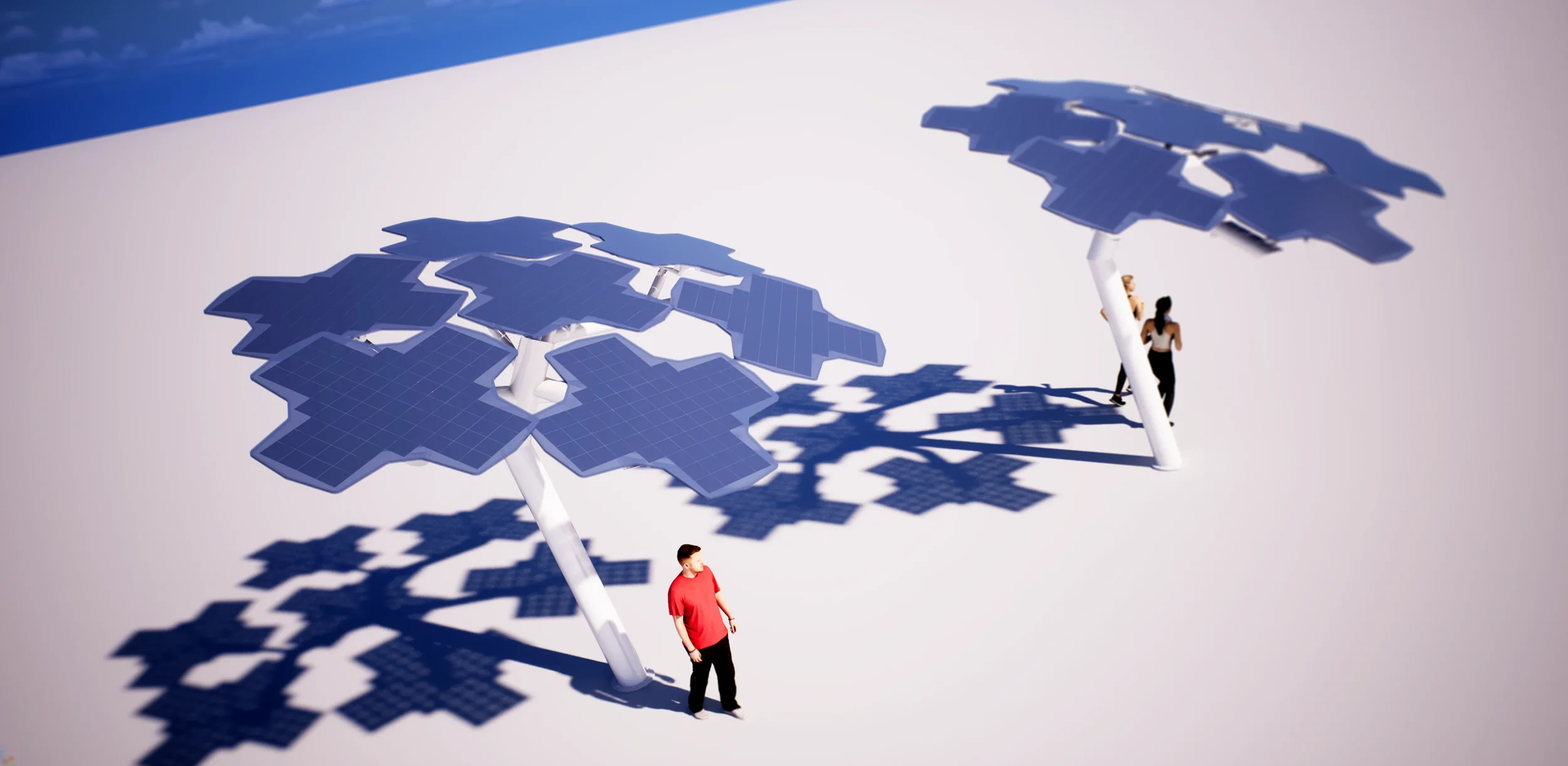 Two solar-powered umbrellas with blue solar panels as canopies, supported by white poles, casting shadows and generating green energy.