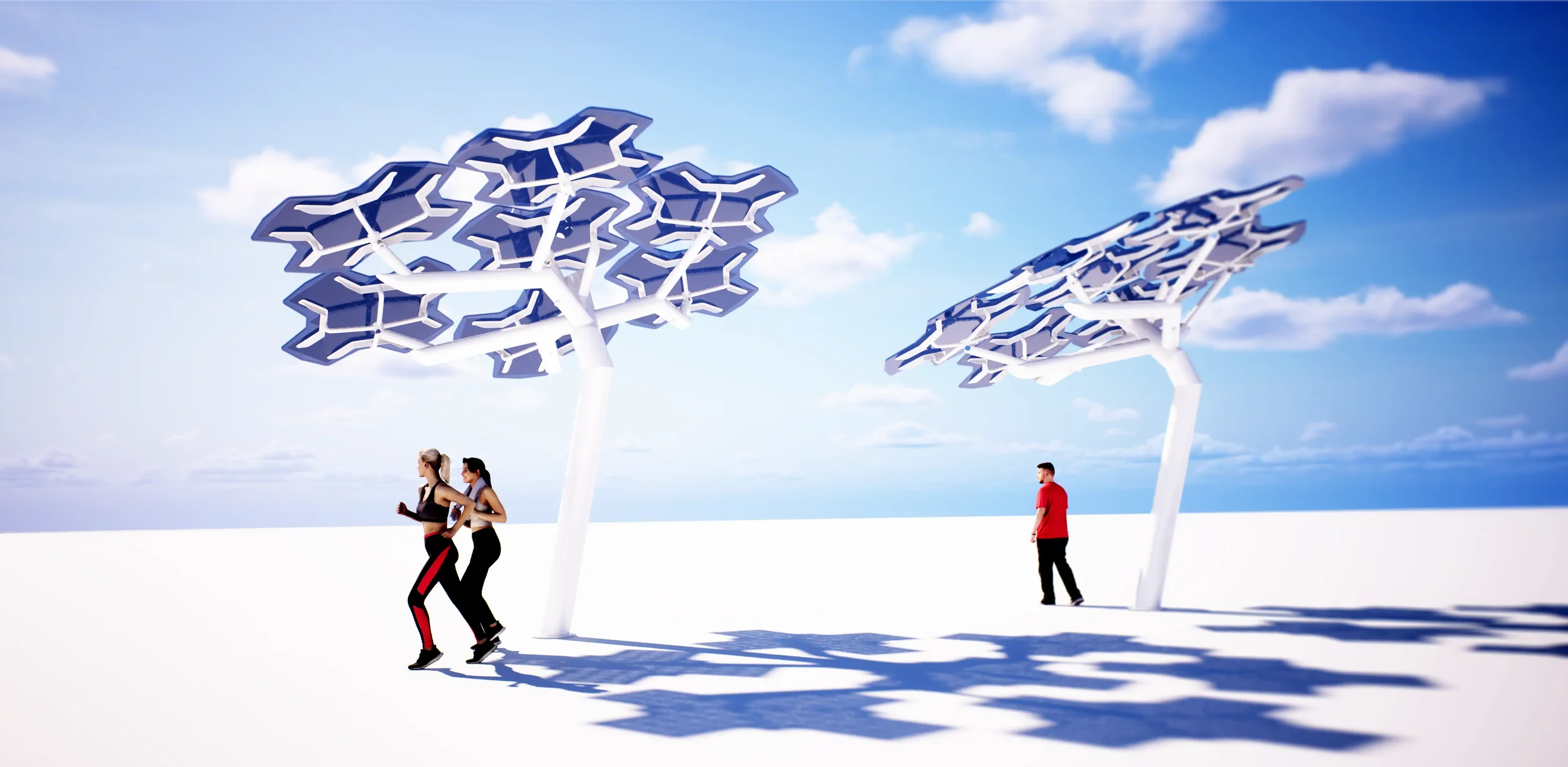 Two women jogging and one man walking in a snowy landscape with futuristic solar panel trees casting shadows.