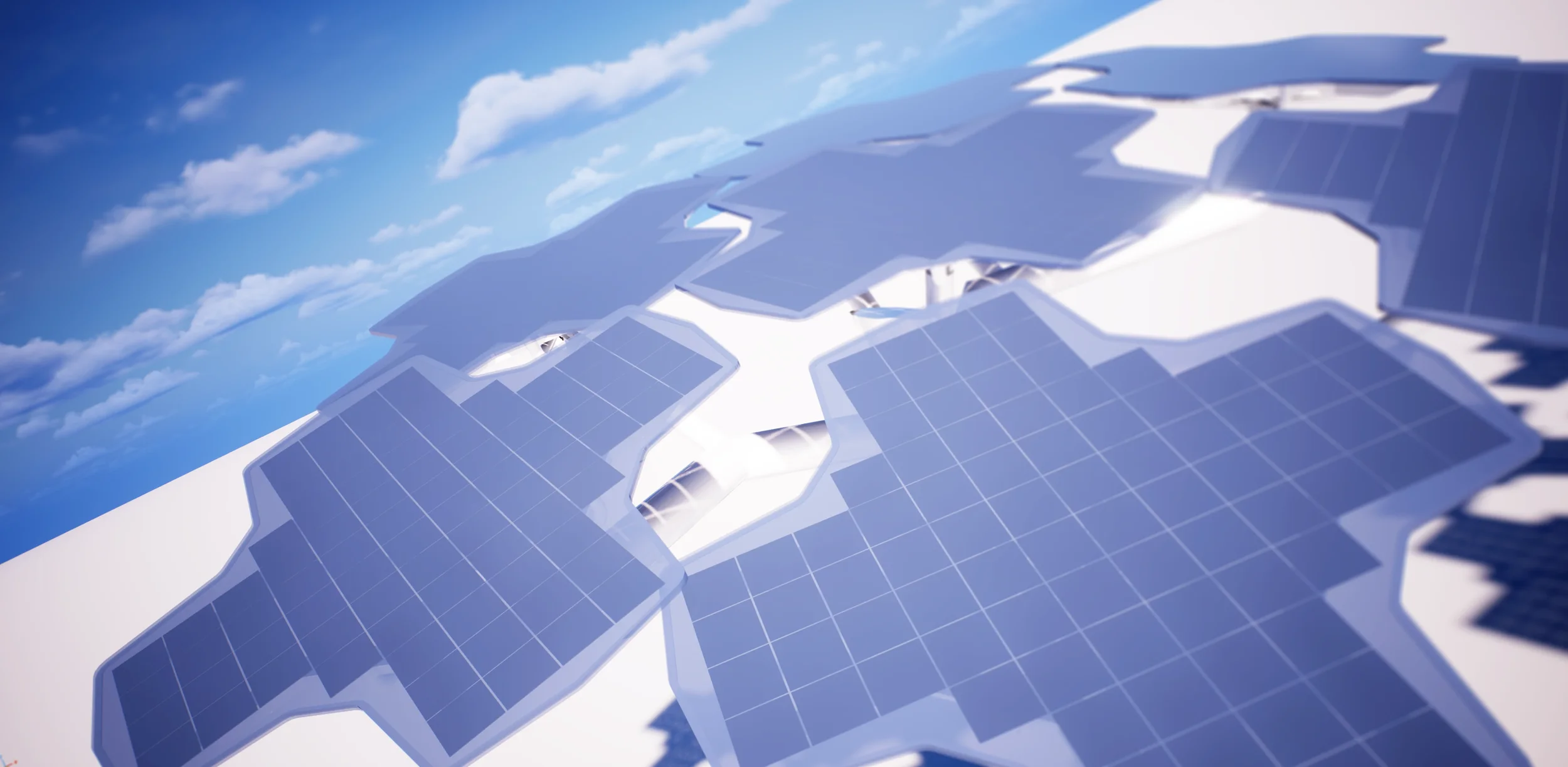 Solar panels breaking through the surface of a frozen landscape under a blue sky with clouds.