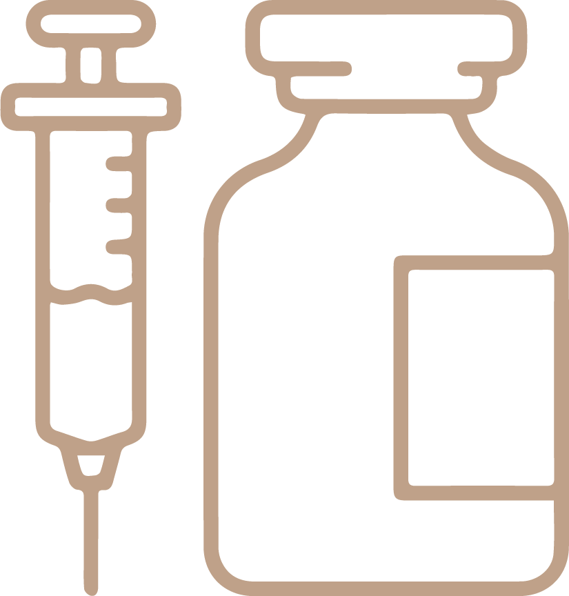 Outline illustration of a vaccine vial and a syringe.
