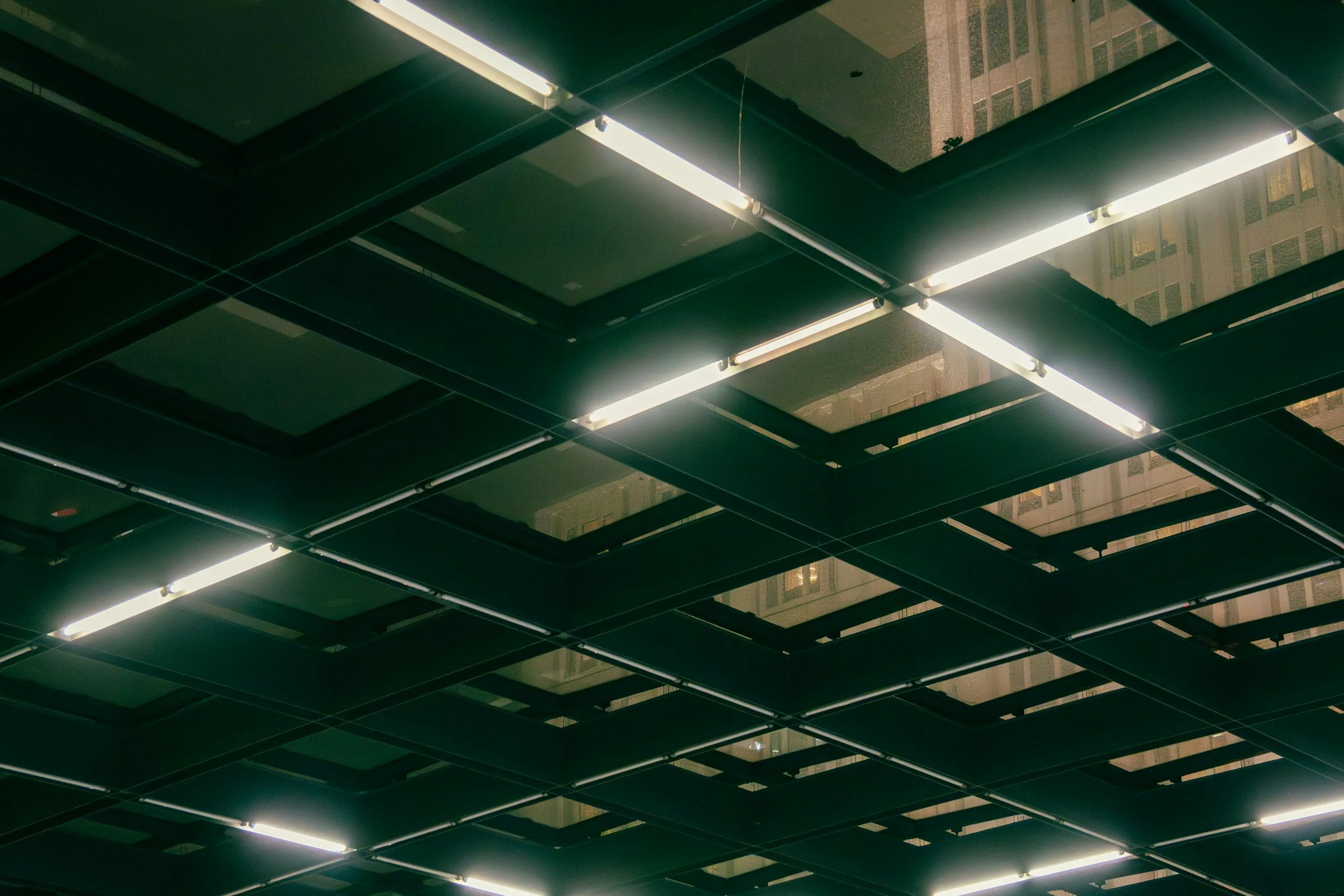 Ceiling installation with black grid framework and fluorescent lights reflecting off glass panels.
