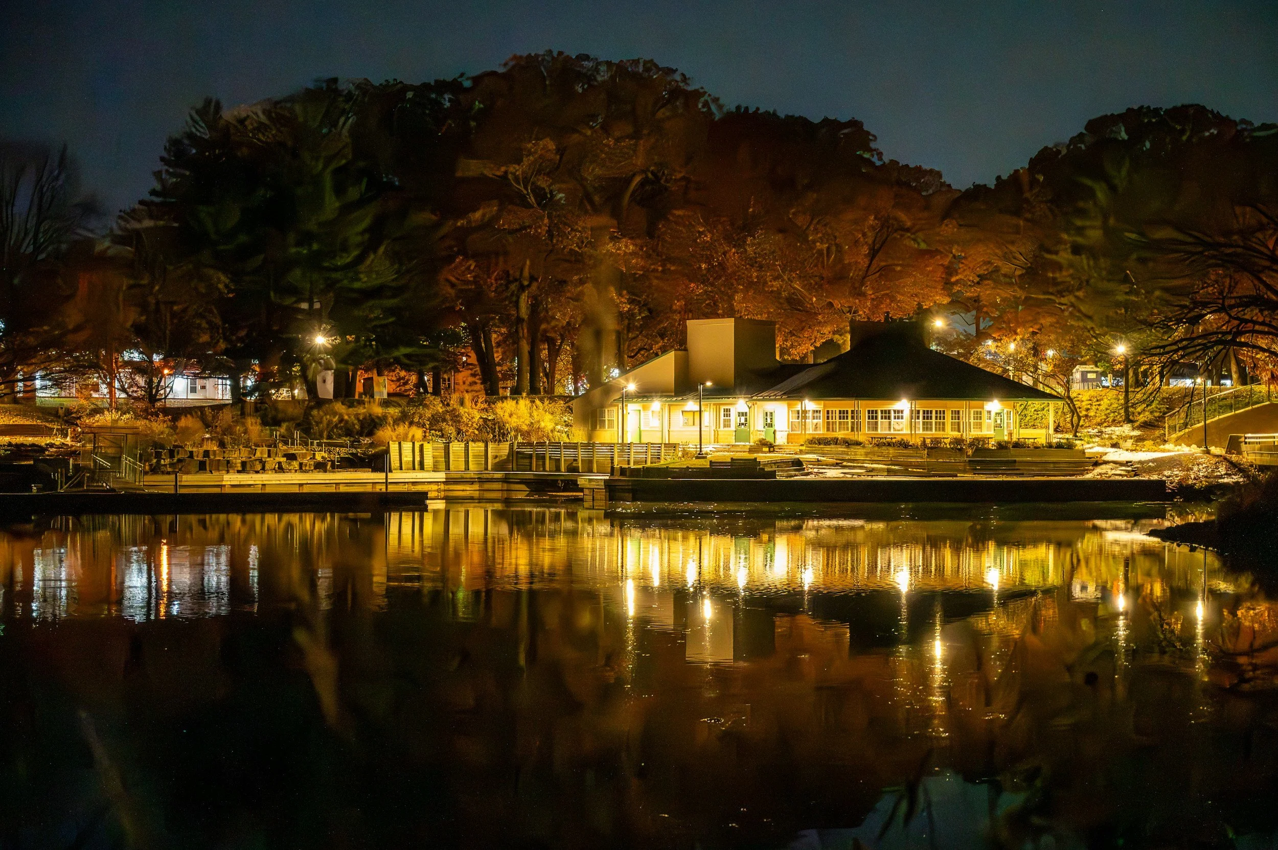 Night scene of a lit building near water with reflections, surrounded by trees with orange and green foliage.