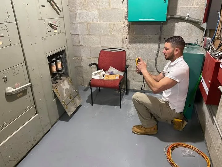 A man sitting on a low stool in a utility room, working with electrical equipment. He is using a tool, possibly a multimeter, and is surrounded by electrical panels, a chair with supplies, and some coiled cables on the floor.
