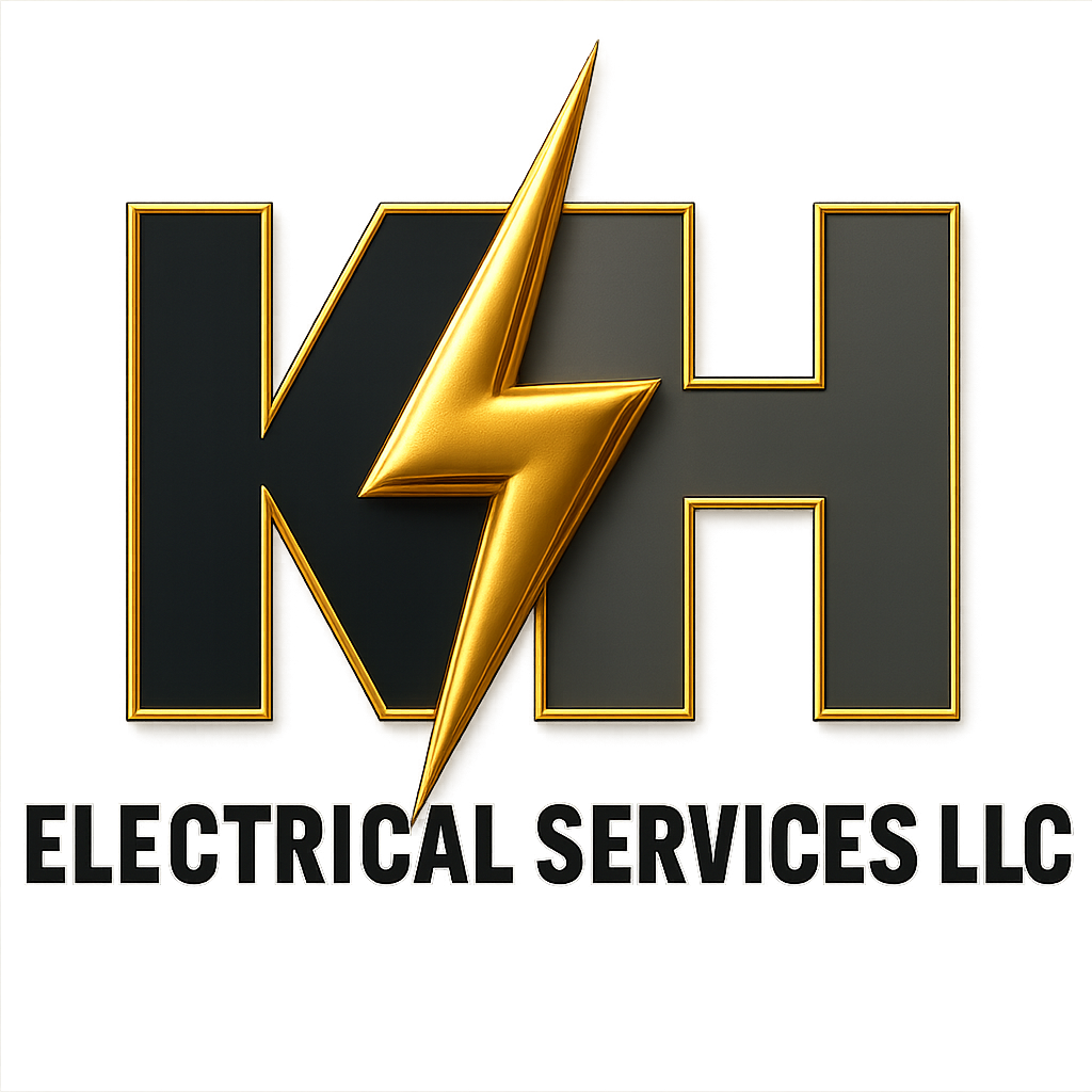 Logo for K&H Electrical Services LLC featuring a black and gray background with a gold lightning bolt, and text 'K&H' in black with gold borders and 'Electrical Services LLC' underneath in black.