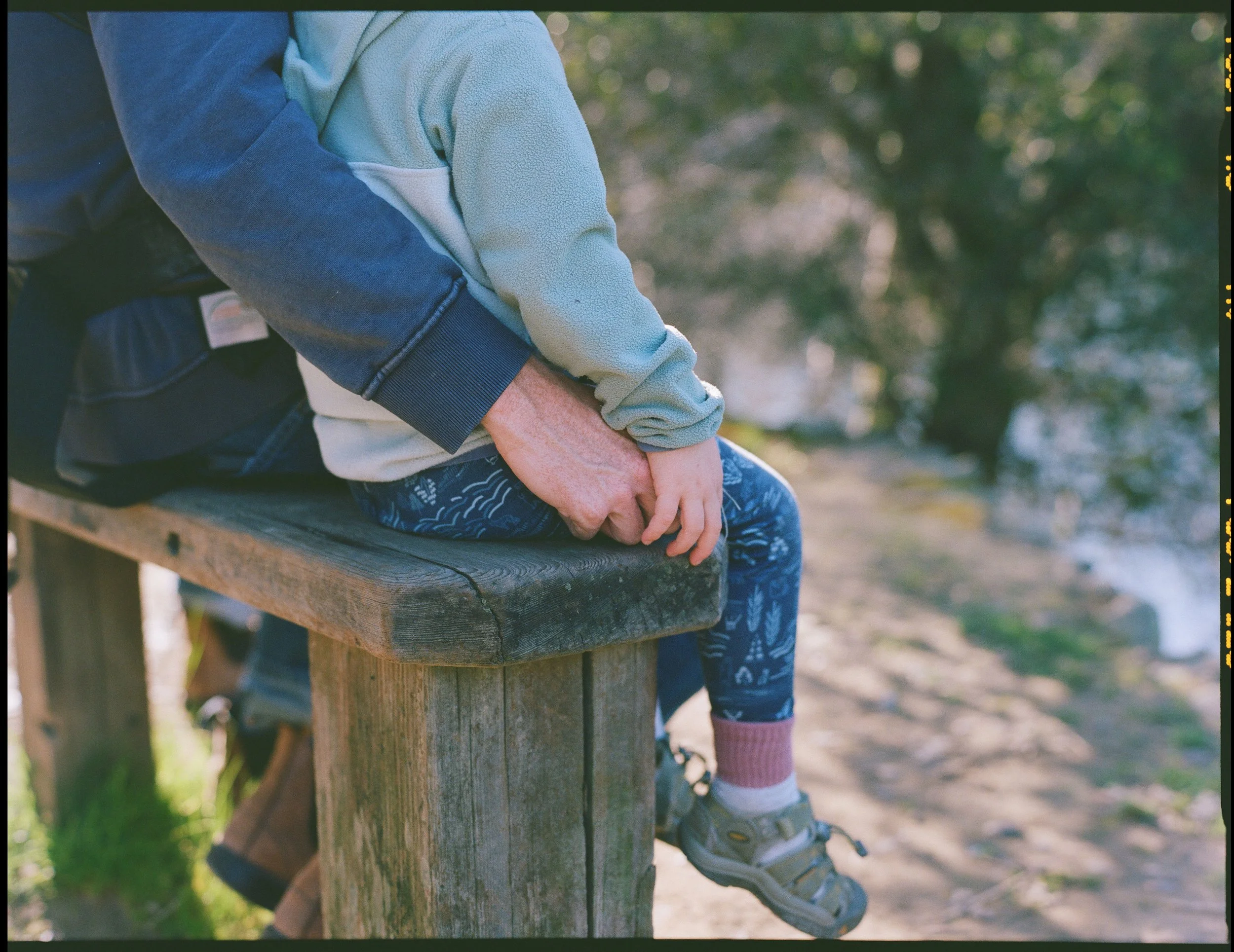 a color medium format film image of a father and his toddler son sitting on a park bench. the photo is at an angle and just shows a close up of the son holding his father's hand. the photo was taken in Marin County. 