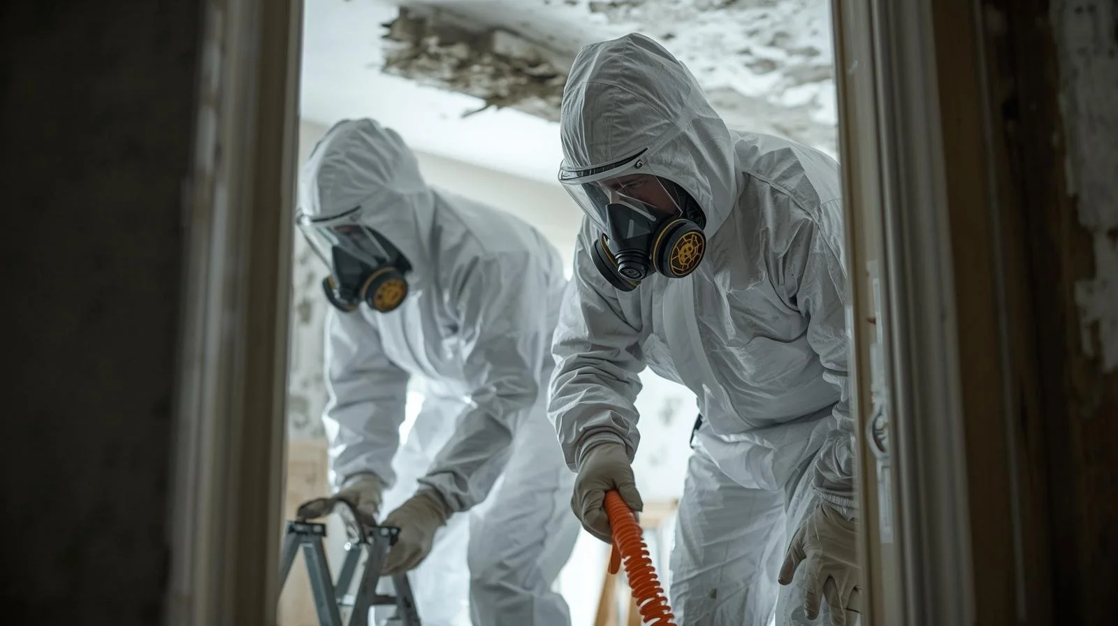 Two people in full protective hazmat suits and gas masks working inside a partially demolished building.