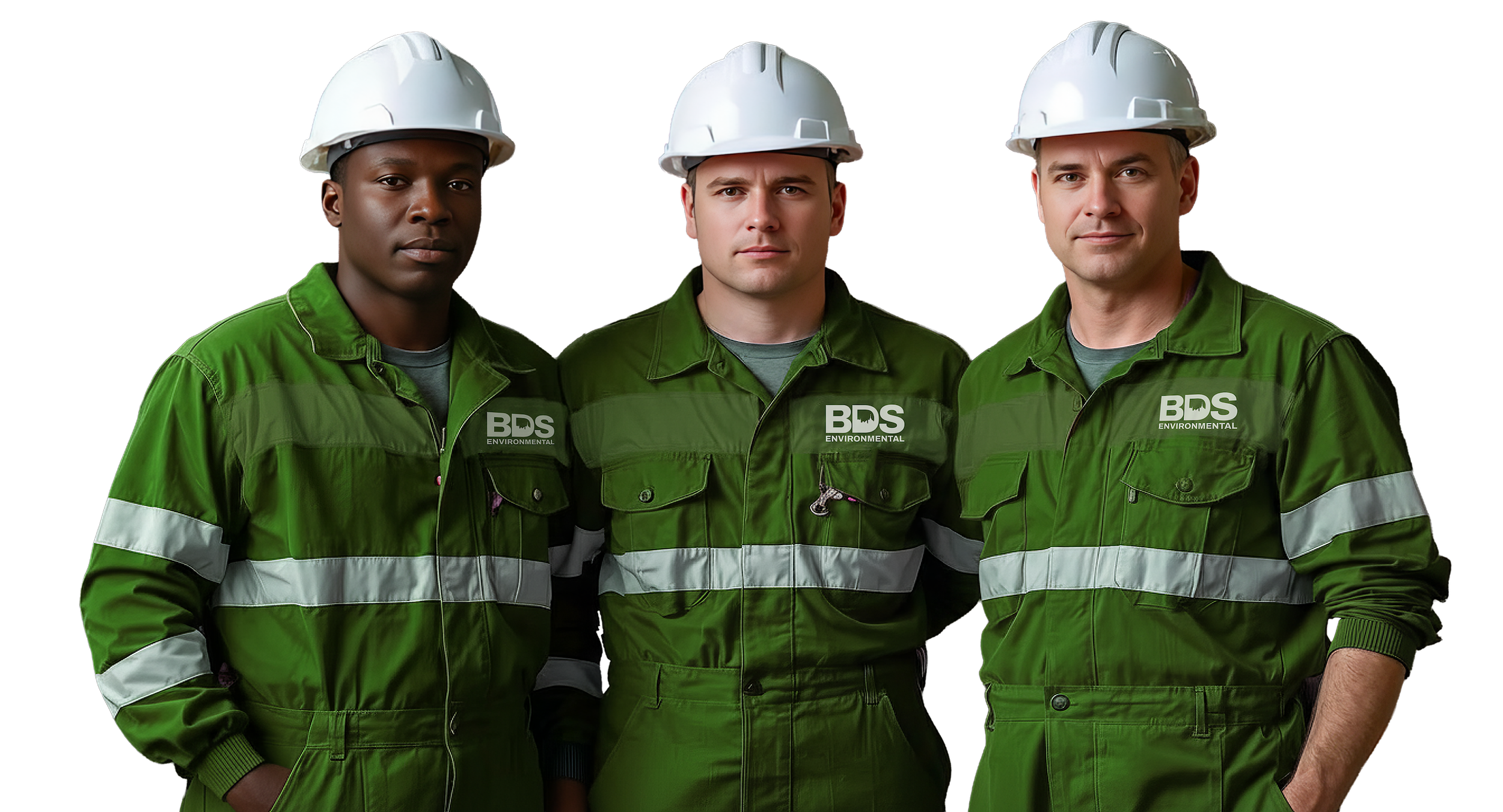 Three BDS Environmental workers wearing green uniforms with reflective stripes and white safety helmets, standing side by side.