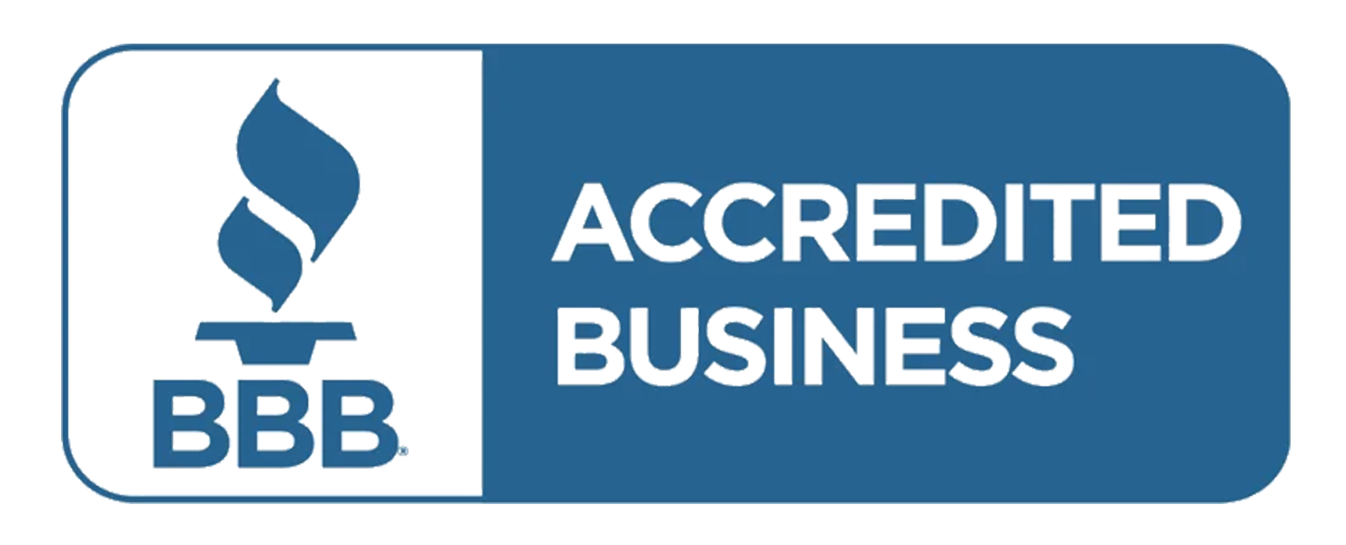 BBB Accredited Business logo, blue and gray color scheme, featuring the BBB initials and a stylized torch symbol.