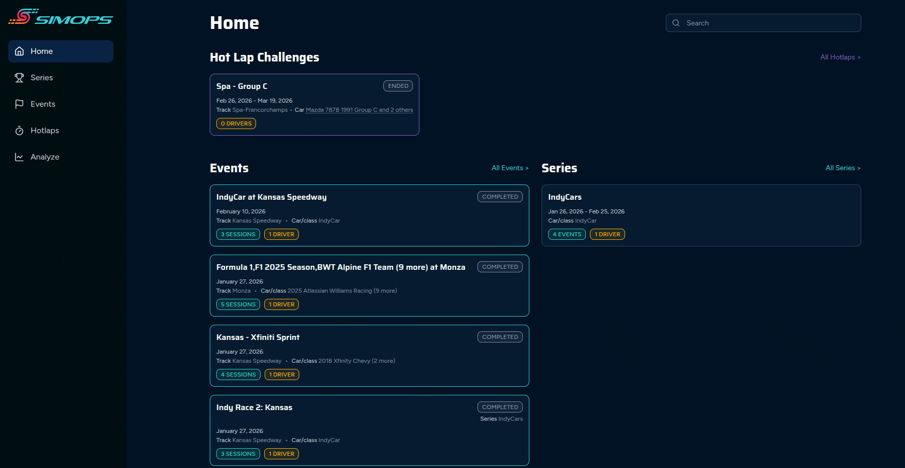 Screenshot of a website dashboard for SIMOPS, displaying sections for hot lap challenges, events, and series related to racing or car tracking, with various race and driver activities listed.
