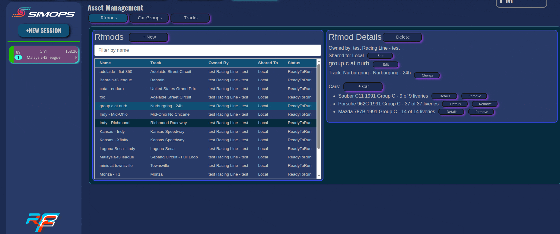 Screenshot of a racing management software interface with various sections, lists of race tracks and cars, and options for editing and viewing details.