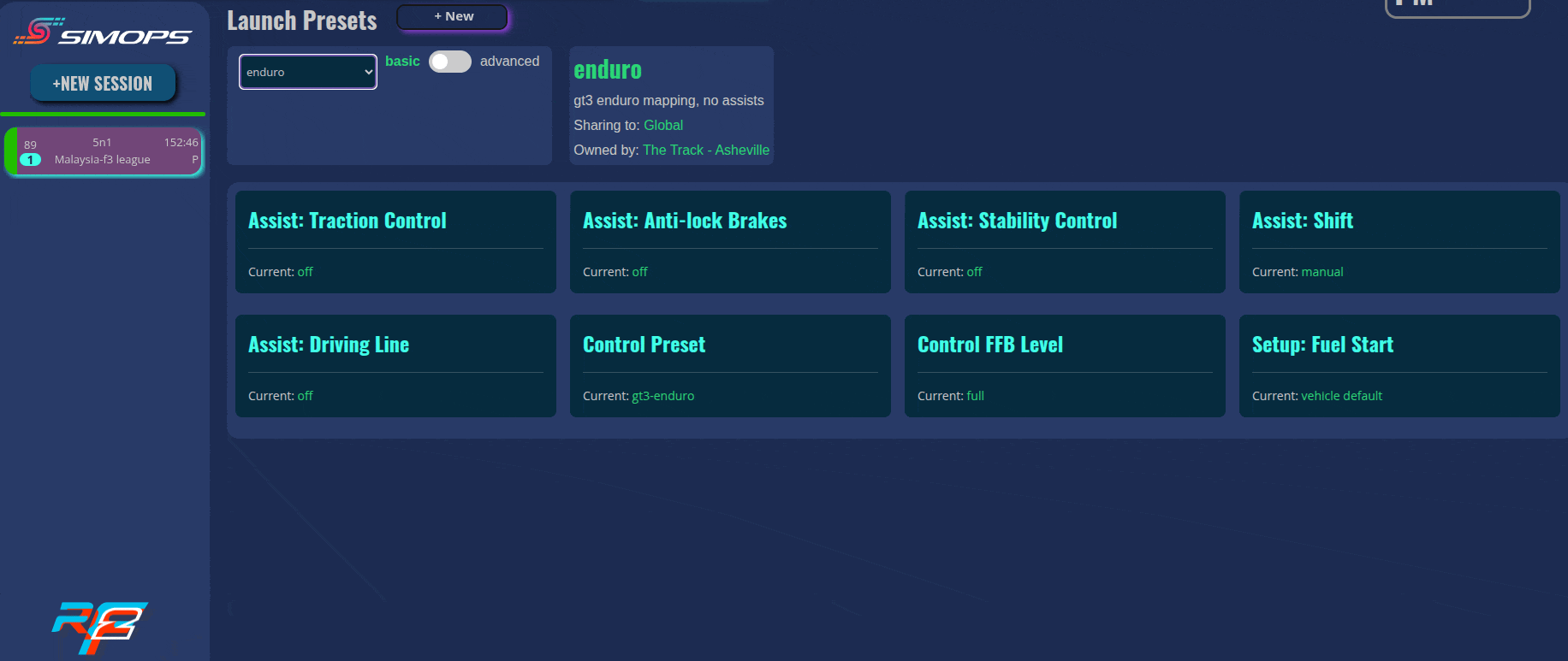 Screenshot of a computer screen displaying the Simons racing simulation software interface, focused on 'Launch Presets' with various control options such as assist settings for traction control, anti-lock brakes, stability control, shift, driving line, control preset, fuel start, and FFB level, with current statuses noted.