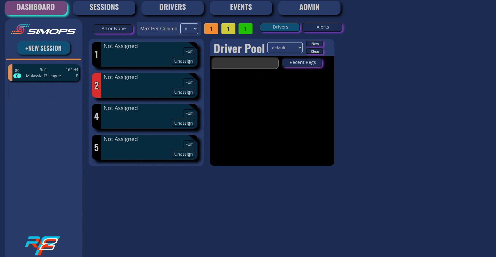 Screenshot of a computer software interface named SIMOPS with tabs labeled Dashboard, Sessions, Drivers, Events, Admin. It displays a list of vehicle drivers with their statuses, a driver pool section, and options to assign or unassign drivers. The left side features a session summary with a Malaysia-F3 league match.
