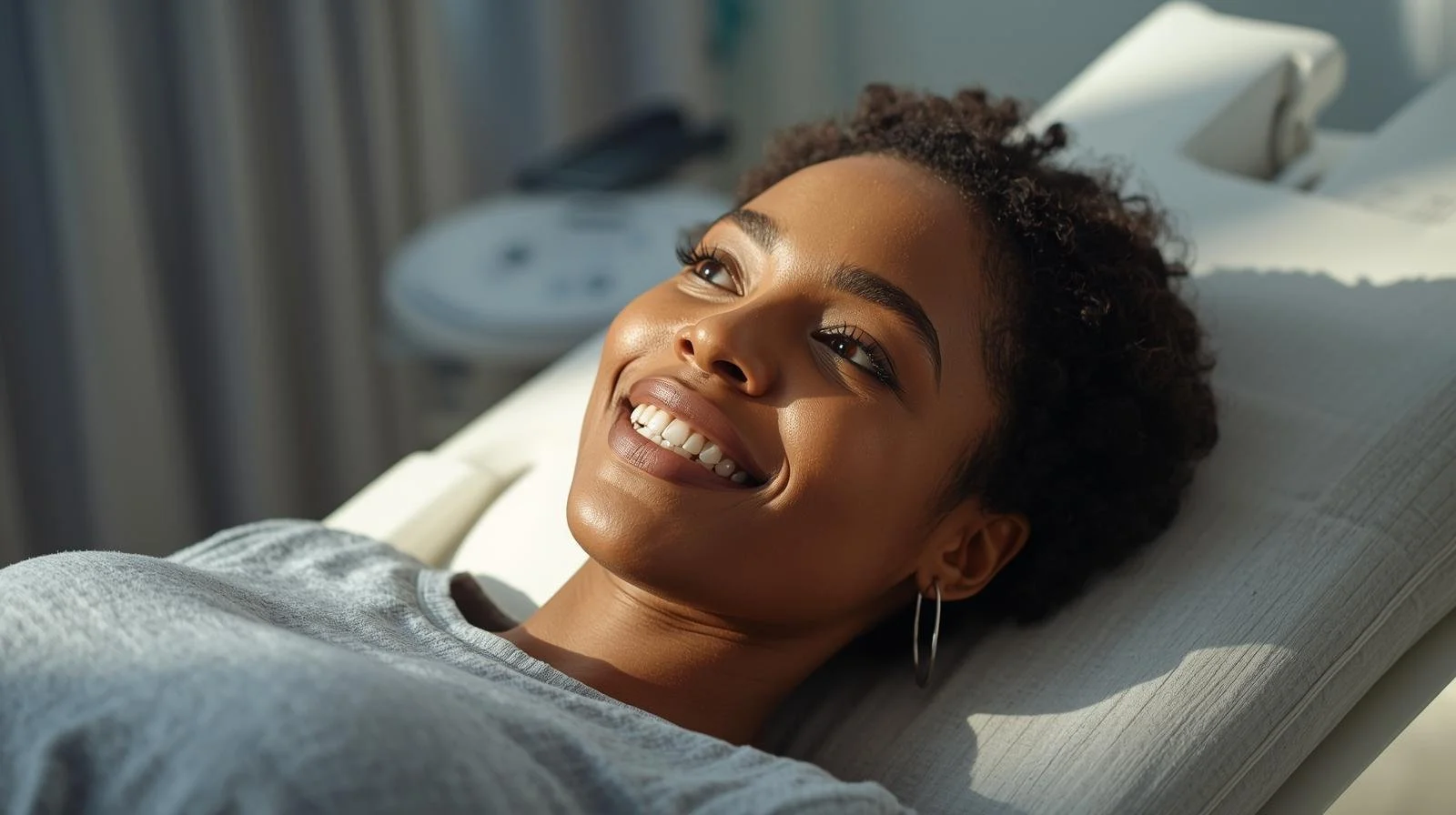 A young woman lying in a hospital bed, smiling and looking happy.