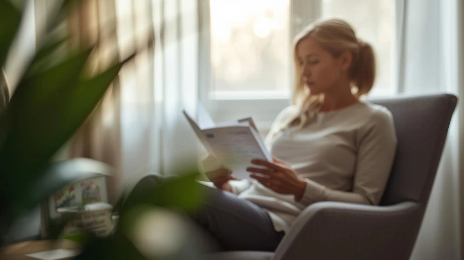 A woman with blonde hair sitting in a chair reading a book near a window with curtains, with green plants nearby.