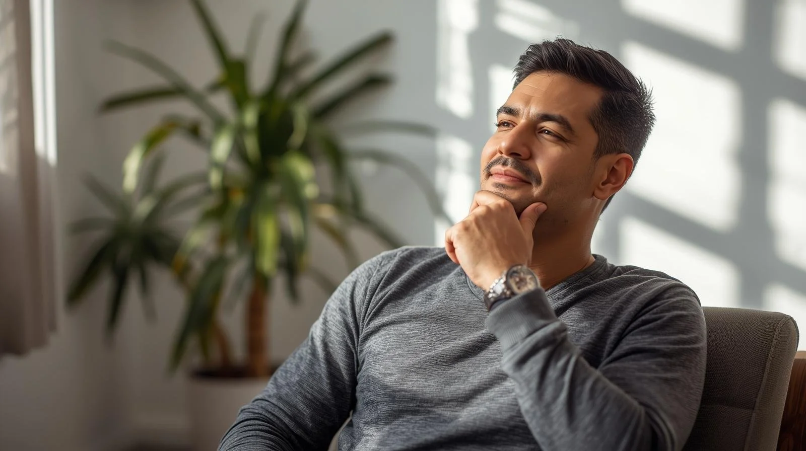 A man sitting in a chair with his hand on his chin, gazing thoughtfully out a window during daylight, with a large green houseplant in the background.