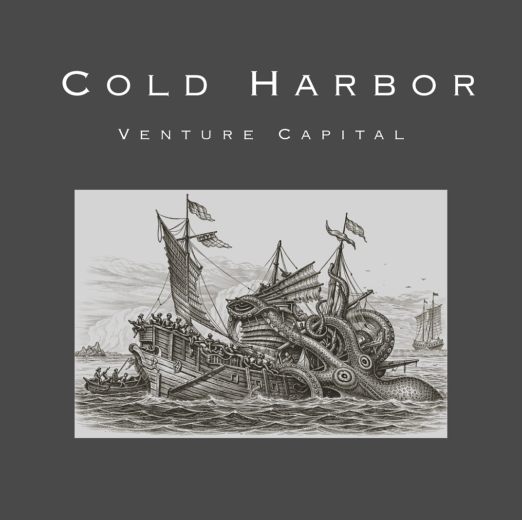 The image features a historical drawing of a shipwreck involving a ship attacked by a giant squid or octopus in the ocean, with other ships and distant land in the background.
