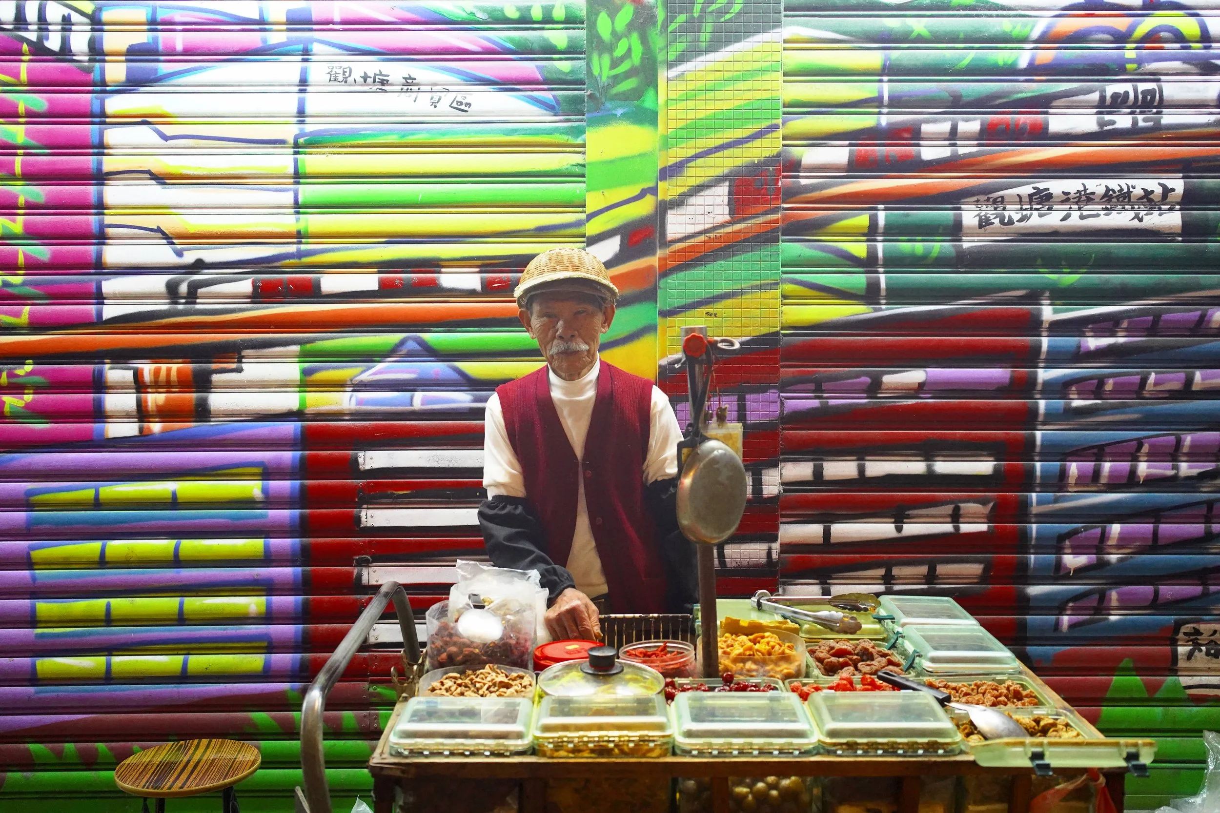 Street vendor of self made dried fruit, 何伯, Yue Man Square before reconstruction, Kwun Tong, Hong Kong, 2019