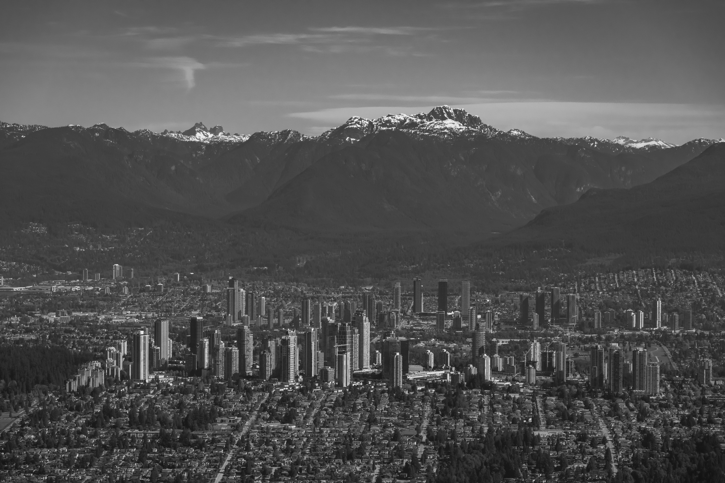 Metrotown and Brentwood with Coliseum Mountain and Cathedral Mountain and Sky Pilot Mountain (Left), Buranby, British Columbia, 2025