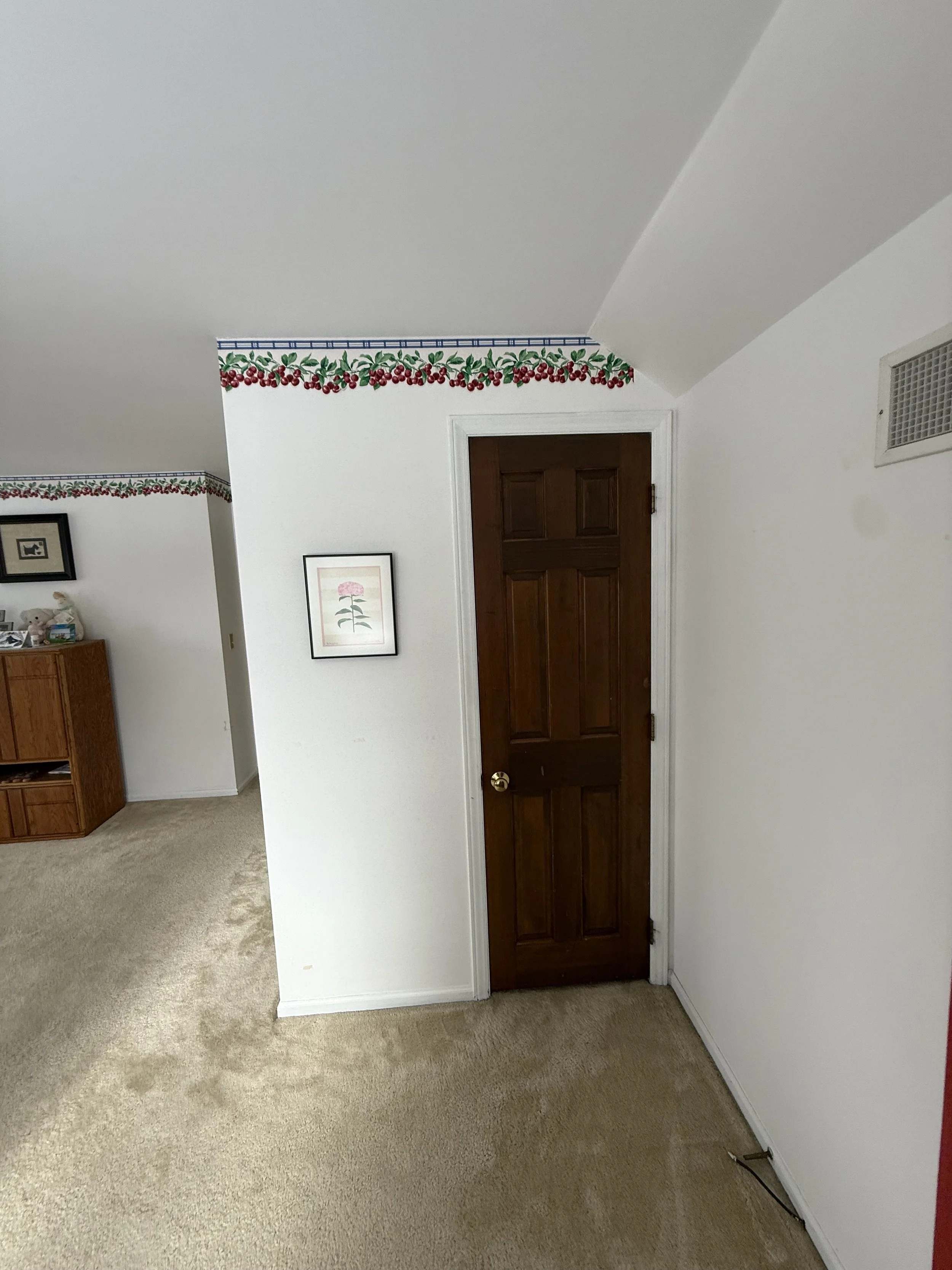 Before- wallpaper border removal, prep/paint wood doors, paint trim and walls.