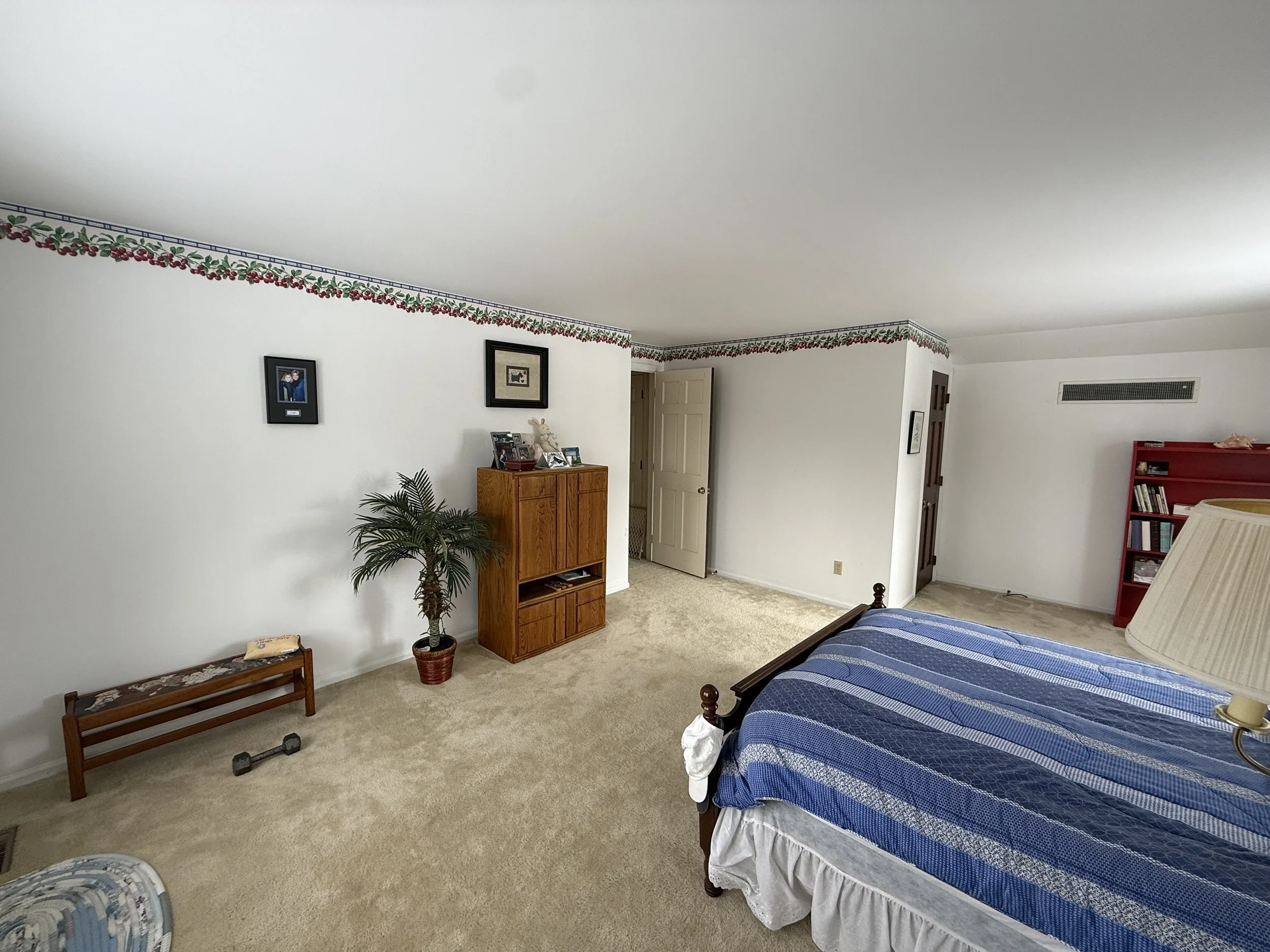 Before- wallpaper border removal, prep/paint wood doors, paint trim and walls.