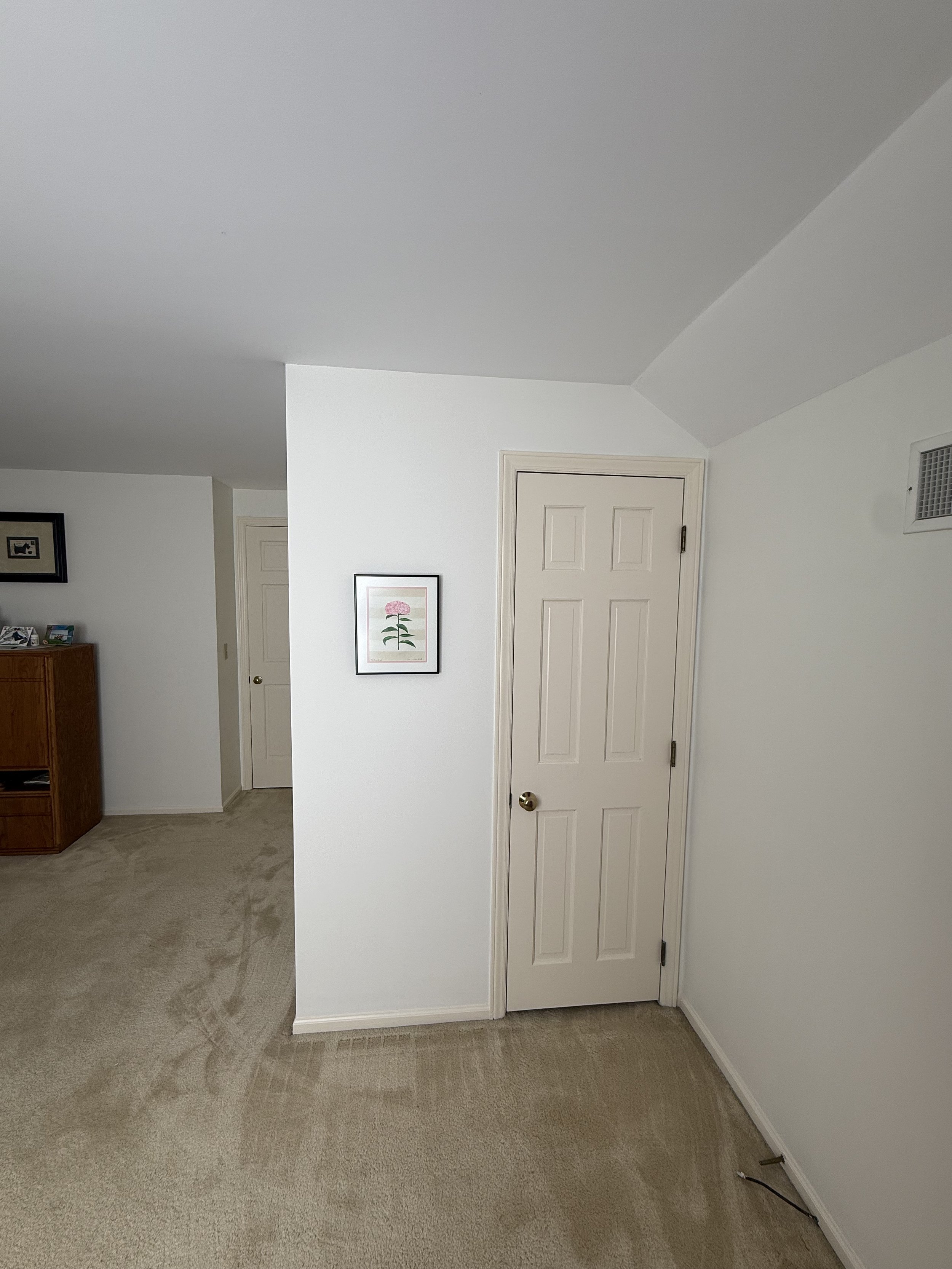 After- wallpaper border removal, prep/paint wood doors, paint trim and walls.