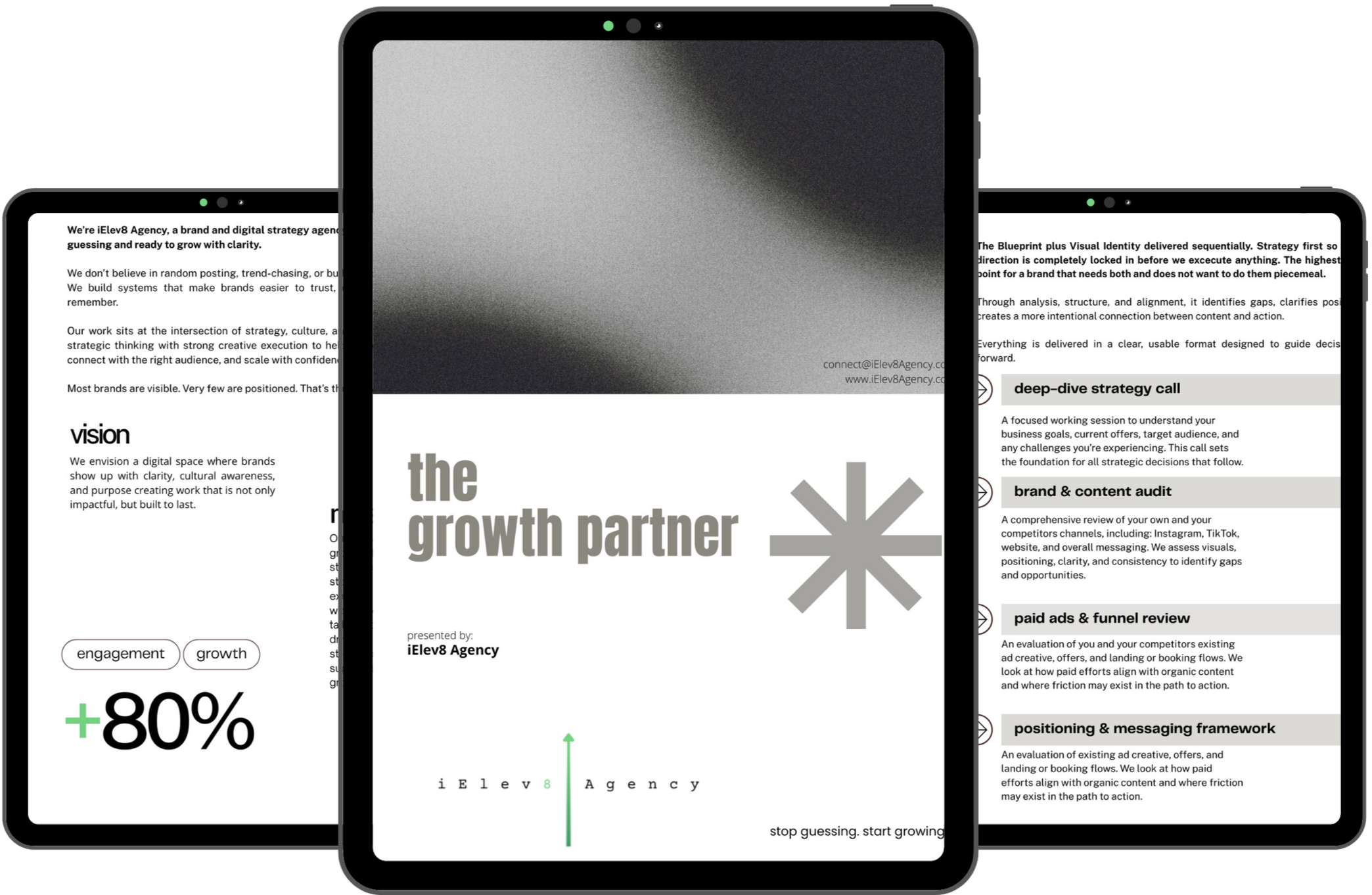 Multiple smartphone screens displaying digital marketing and branding content, including text, graphs, and strategy information.