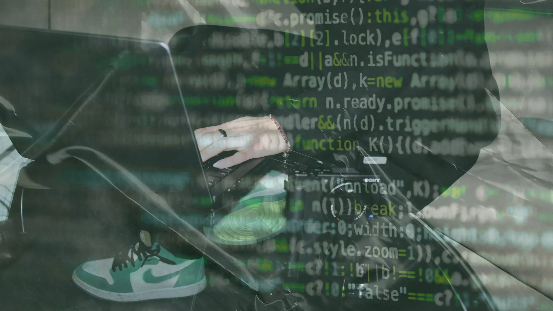 A laptop with a colorful sunset or sunrise landscape on the screen, in a dark environment.