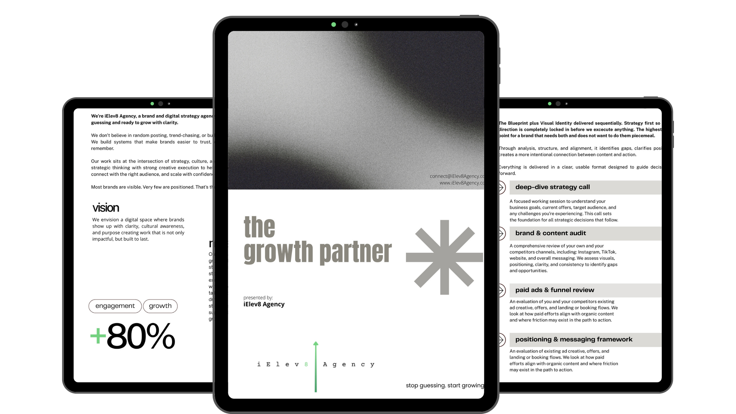 Multiple smartphones displaying digital marketing agency content, including strategy details, growth statistics, and branding information, against a black background.