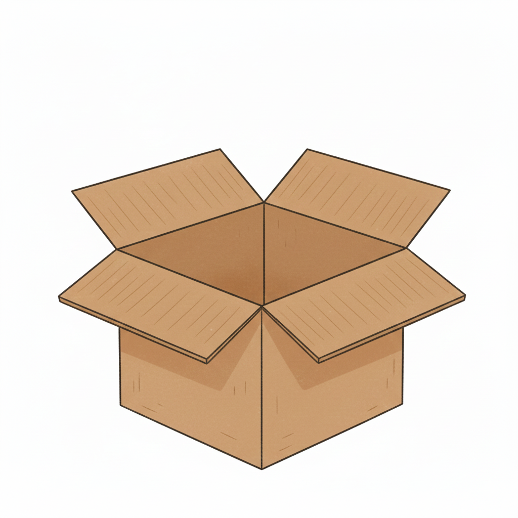 An empty open cardboard box with four flaps.