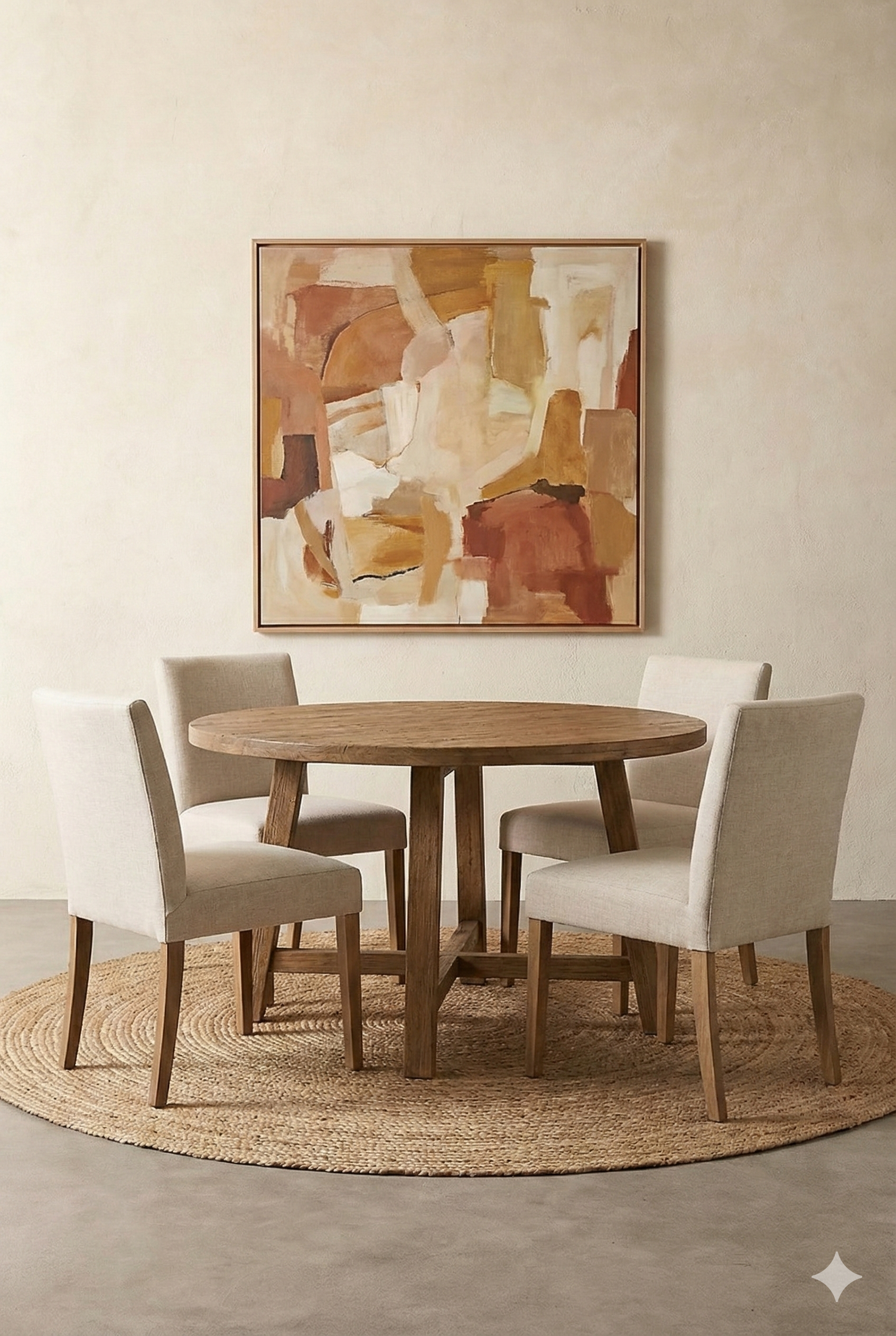 A dining room with a round wooden table, four beige upholstered chairs, a round woven rug, an abstract painting with earth tones on the wall.