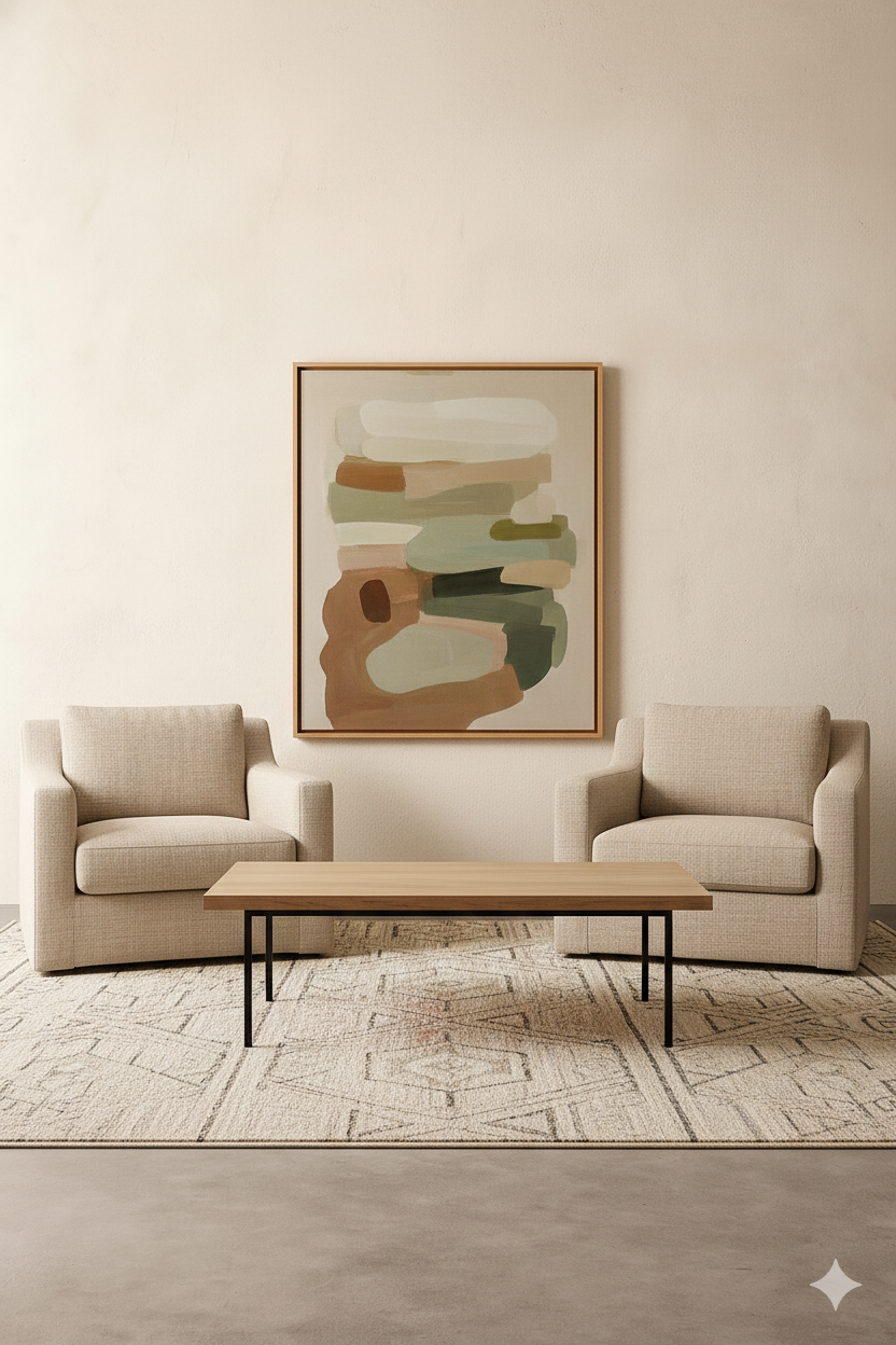 Living room with two beige armchairs, a wooden coffee table, abstract artwork on the wall, and a patterned rug.